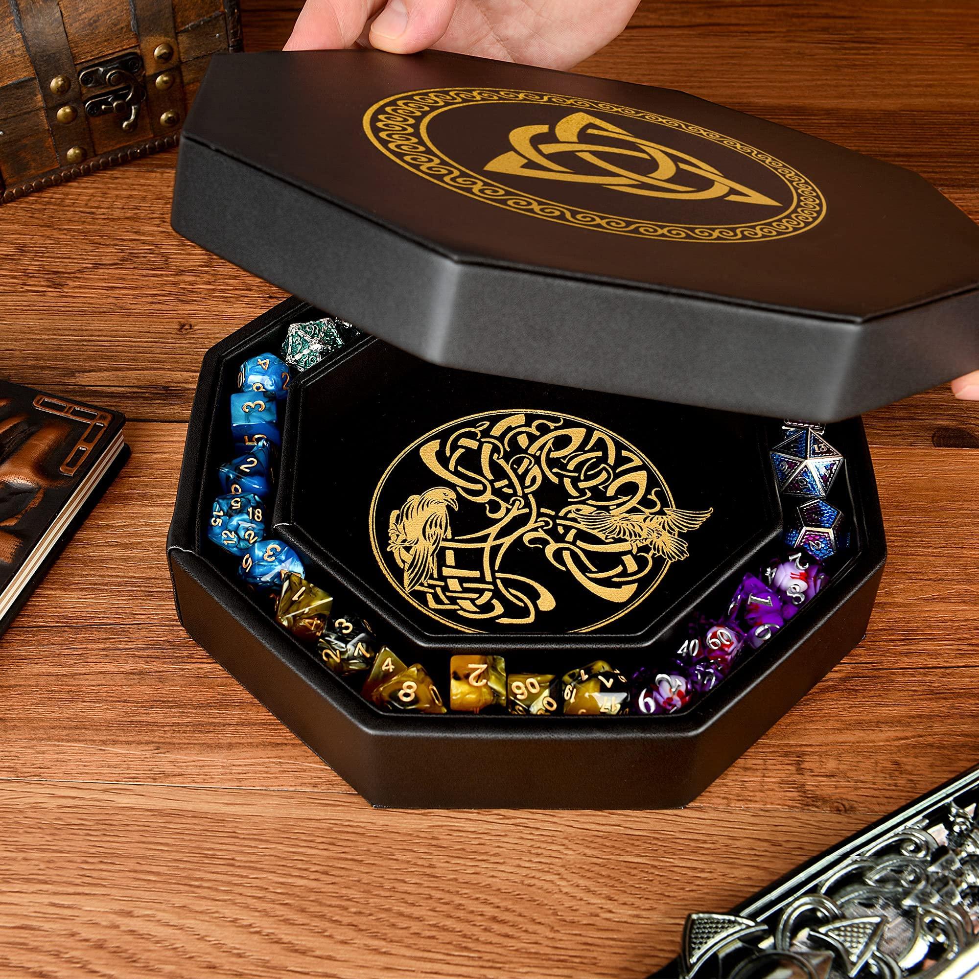 Soar Forge DND Dice Tray - Premium 8 Inch Tray Dungeons and Dragons - Exquisitely Detailed Gold World Tree & Triquetra Design - Perfect Rolling & Box Storage to Protect Your Dice for D&D and RPG