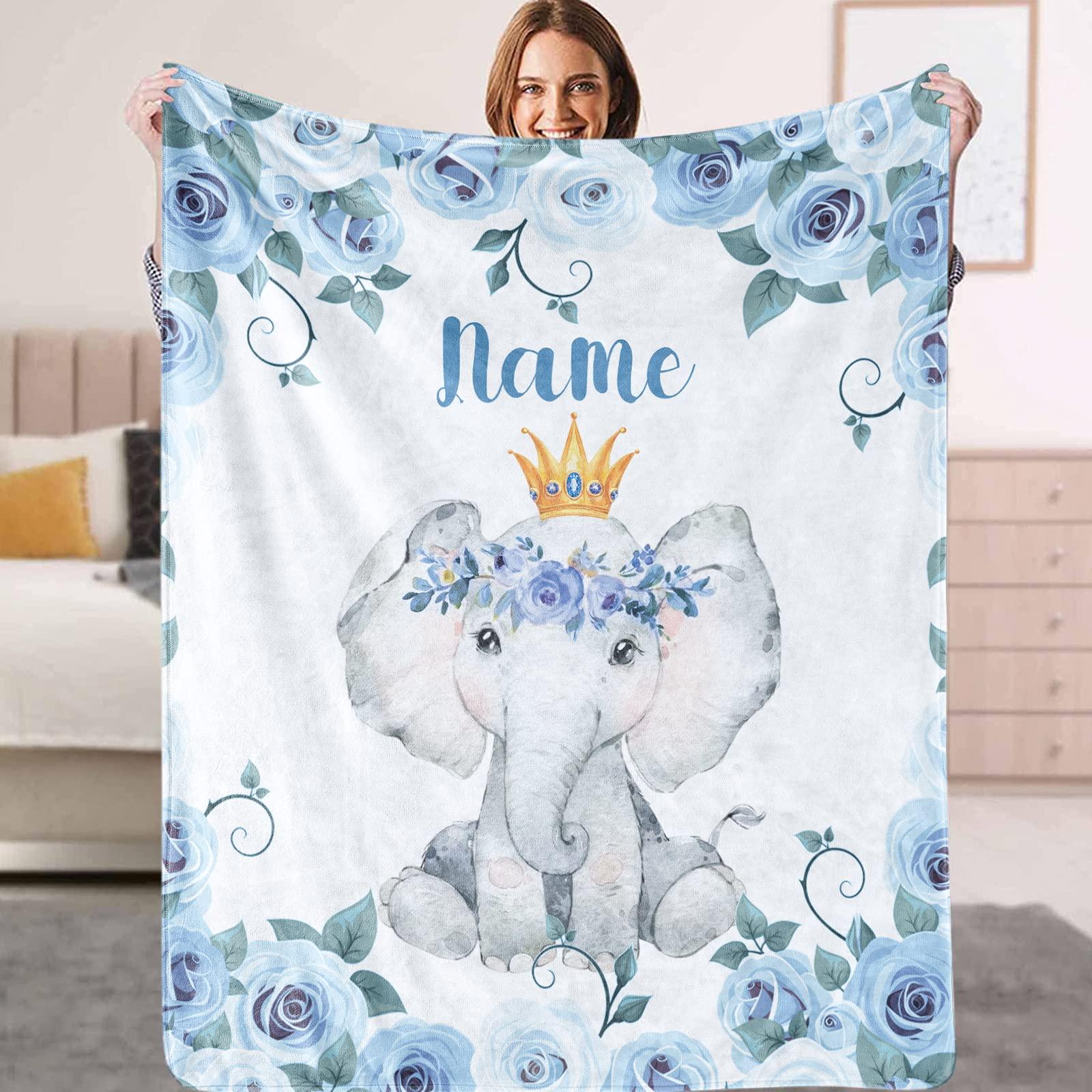 KAINSY KAINSY Personalized Elephant Baby Throw Blanket for Boys Girls Custom Name Nursery Bed Blankets for Newborn Kids Birthday Gifts, Blue, 30 x 40inch
