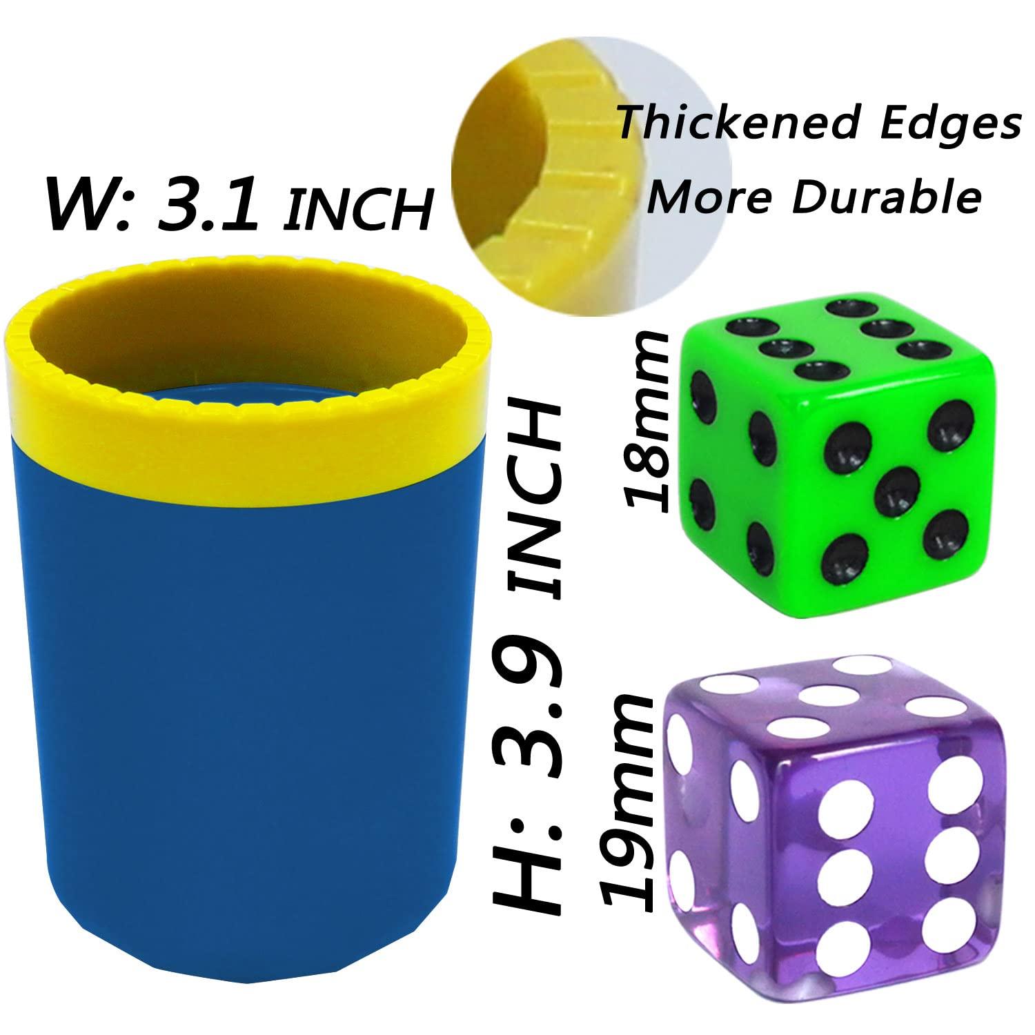 HIOHWEFH Dice Stacking Cup(Blue) Set with 4 Pcs 19mm(Purple) and 5 Pcs 18mm(Green) Standard 6 Sided Dices, with Storage Bag-Magic Tricks Instruction