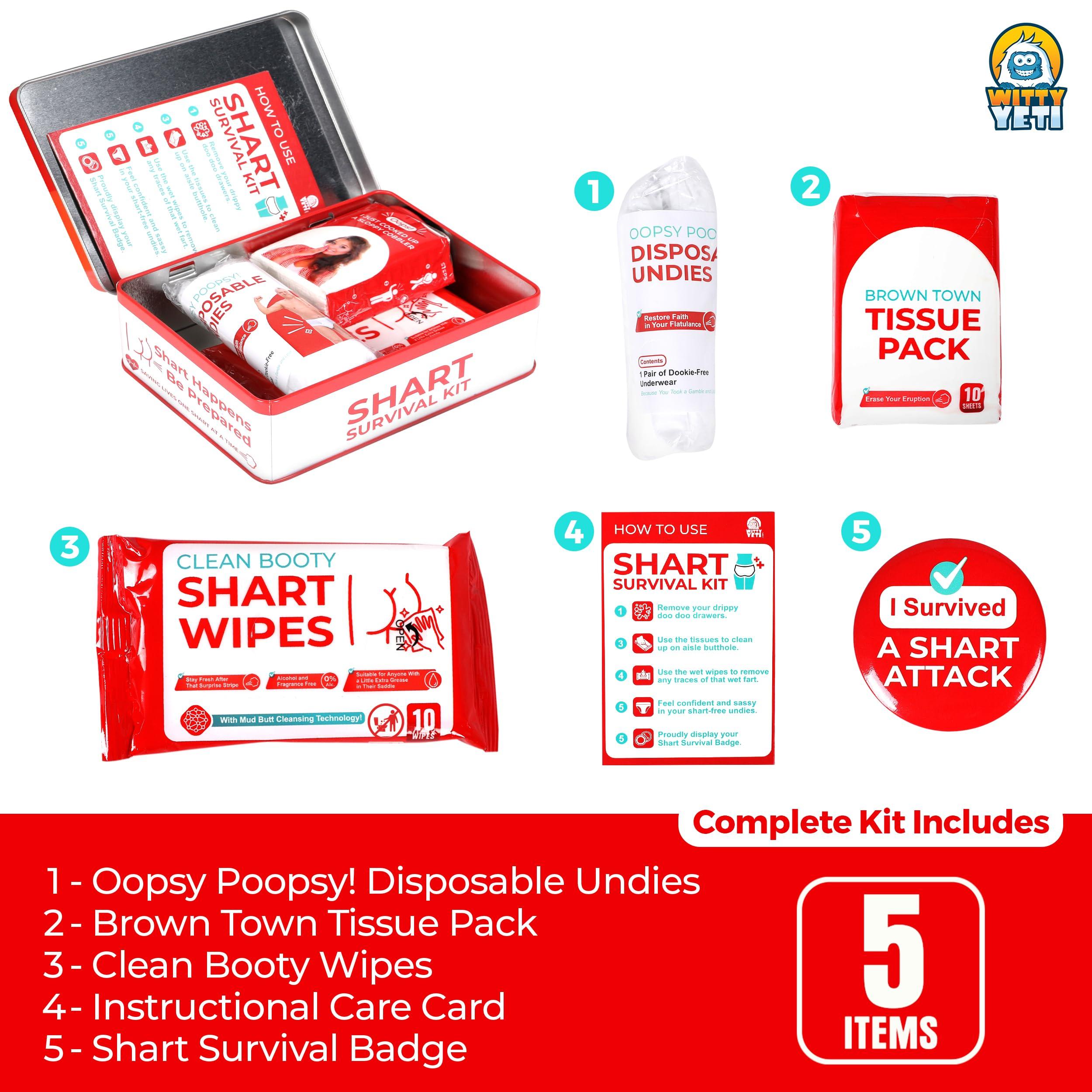 Witty Yeti Funny Shart Survival Kit by Witty Yeti. Ultimate Poop Prank Gag Gift Set Contains Wet Wipes, Disposable Underwear, Tissues and Hilarious Badge. Novelty Fart Potty Pack Great for Friends or Family