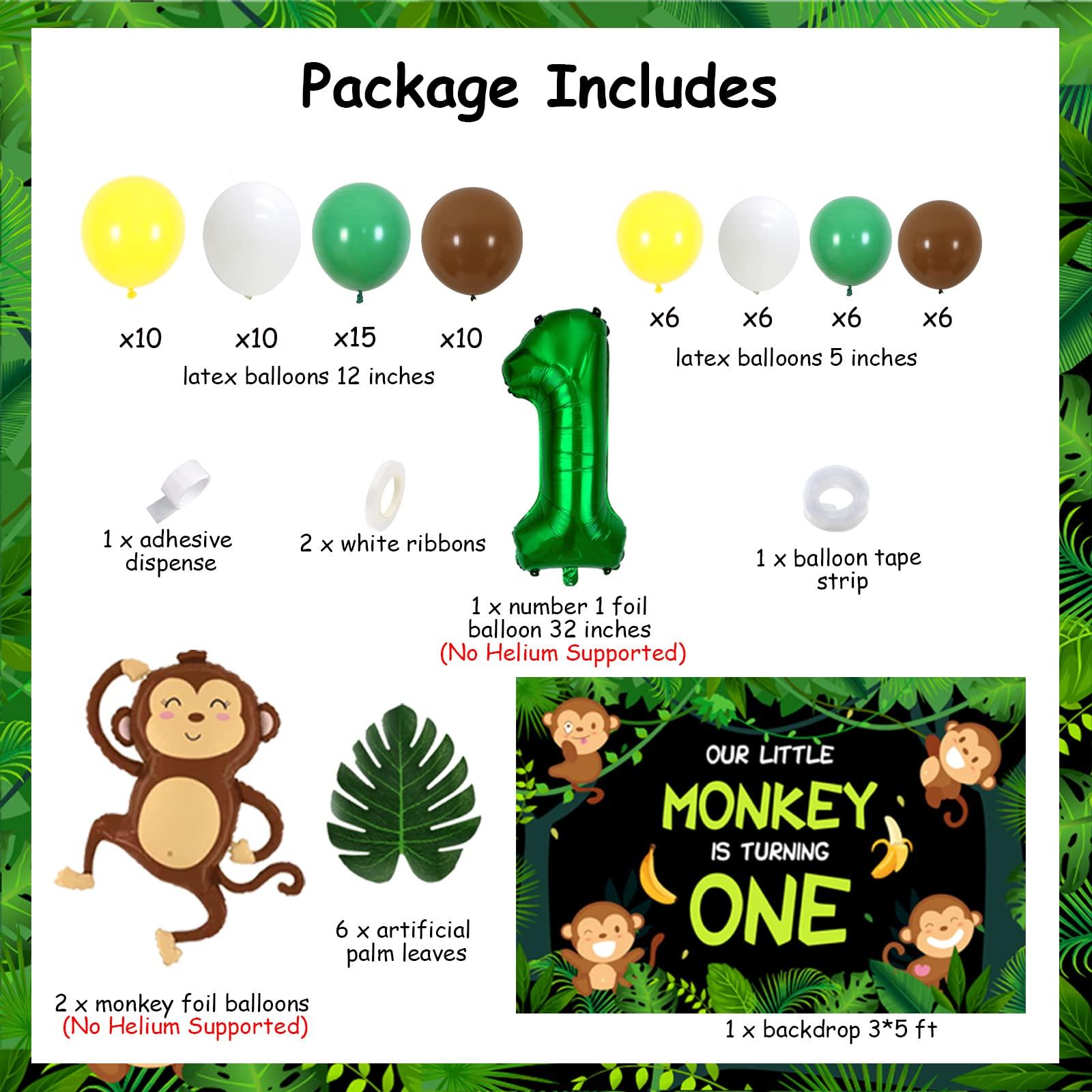 Funmemoir Monkey 1st Birthday Party Decorations - Our Little Monkey Is Turning One Backdrop, Jungle Safari Balloon Garland Arch Kit, Artificial Palm Leaves, Foil Balloons, Jungle Monkey Birthday Decorations