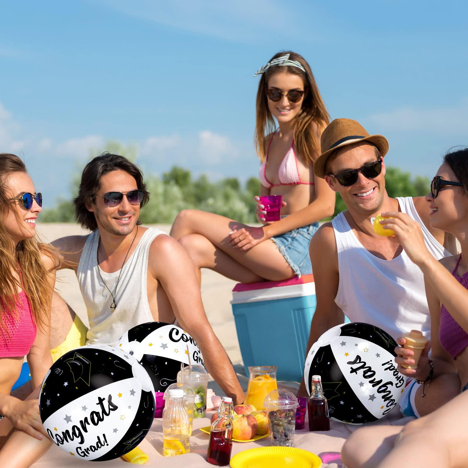 Whaline Whaline 12Pcs Graduation Inflatable Beach Balls 11.8 Inch 2024 Congrats Grad Beach Ball Black White Graduation Pool Party PVC Bech Balls for Swimming Pool Party Summer Water Sand Game