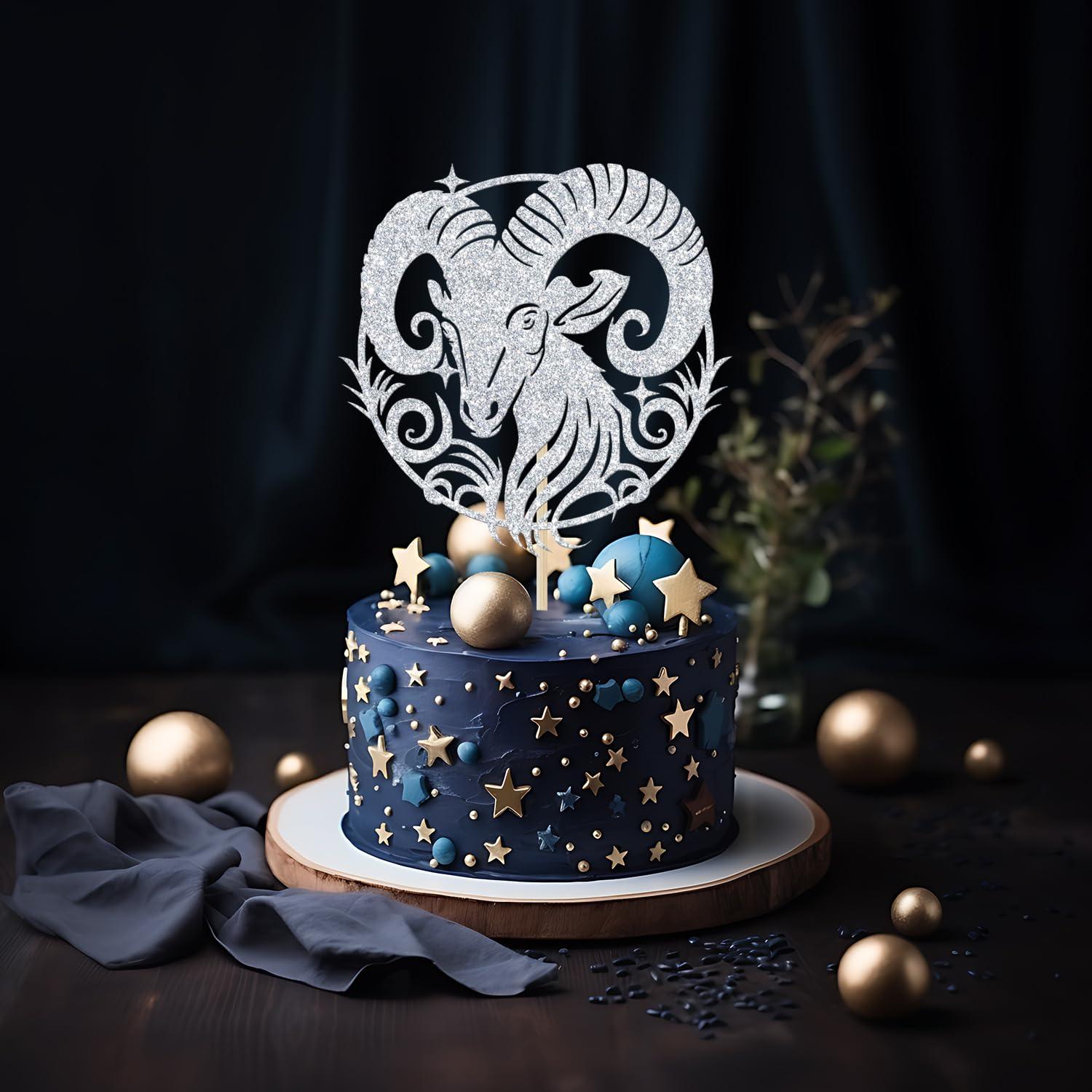 GREABRRY Aries Cake Topper, Aries Birthday Cake Decor, Aries Season Decorations, Zodiac Party Decor, Horoscope Birthday Party Decorations (Silver Glitter)