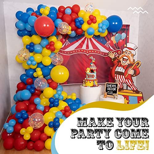 SHERYL DECOR ALL-IN-1 Circus Balloons Arch Kit & Garland for Carnival Party Decorations Theme Primary Color Balloons in Red Blue Yellow & Rainbow Confetti Baby Shower Circus Birthday Party Supplies