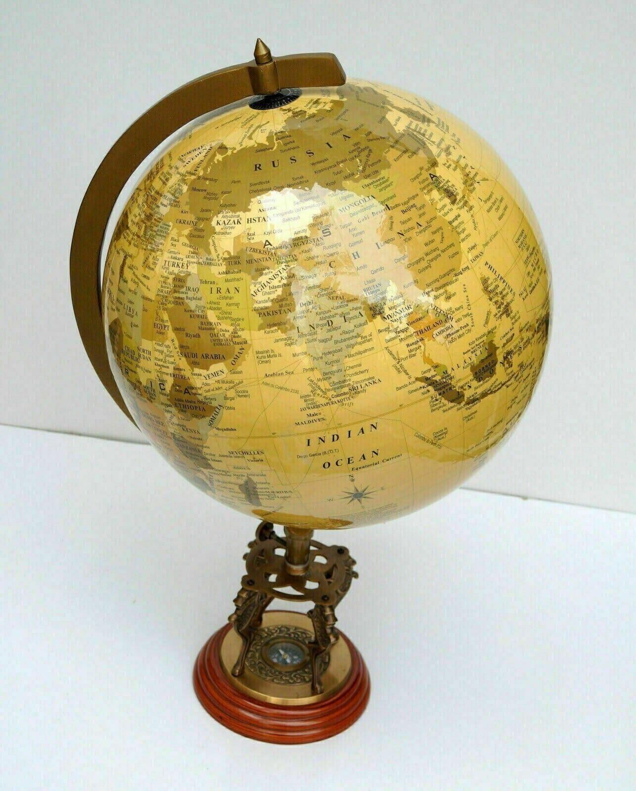 ALFA NAUTICAL Globe World Map Earth Globes With Designer Lions Wooden Base Compass Globe