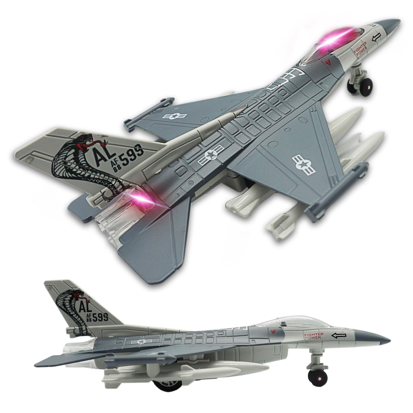 OTONOPI OTONOPI Fighter Jet Military Airplane Toy Army Air Force Die Cast Aircraft F-16 Model Plane for Kids Gift Toy Collection with Lights and Sounds Bump and Go Action