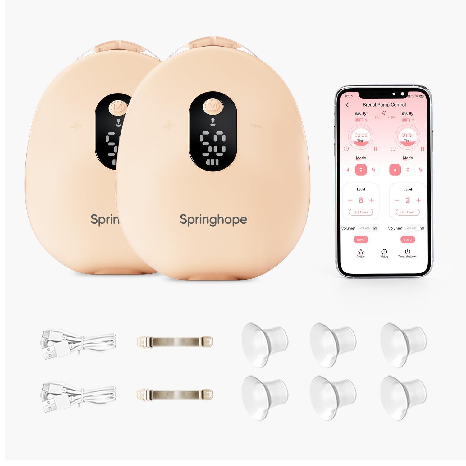 Springhope Springhope Wearable Breast Pump Hands Free, Electric Portable Breastfeeding Pump Wireless, APP & Semi-Lying Suction with 3 Modes 12 Levels, Quiet & Painless Breast Pump, 28/24/21/19mm Flange, 2 Pack