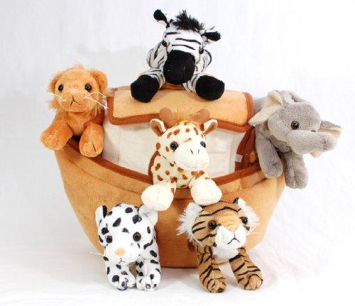 Plush Noah's Ark with Animals - Six (6) Stuffed Animals (Lion, Zebra, Tiger, Giraffe, Elephant, and White Tiger) in Play Ark Carrying Case image-1