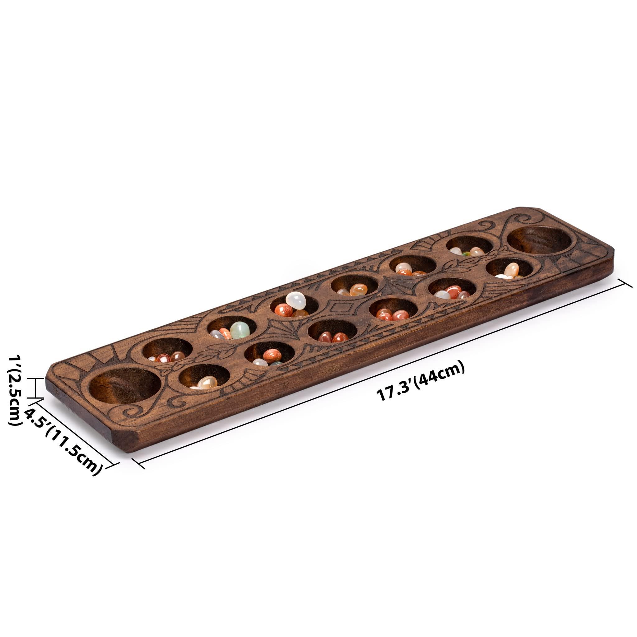 Yellow Mountain Imports Yellow Mountain Imports Mancala Set with 17.3-Inch Solid Wood Board and Quartz Pebble Playing Pieces