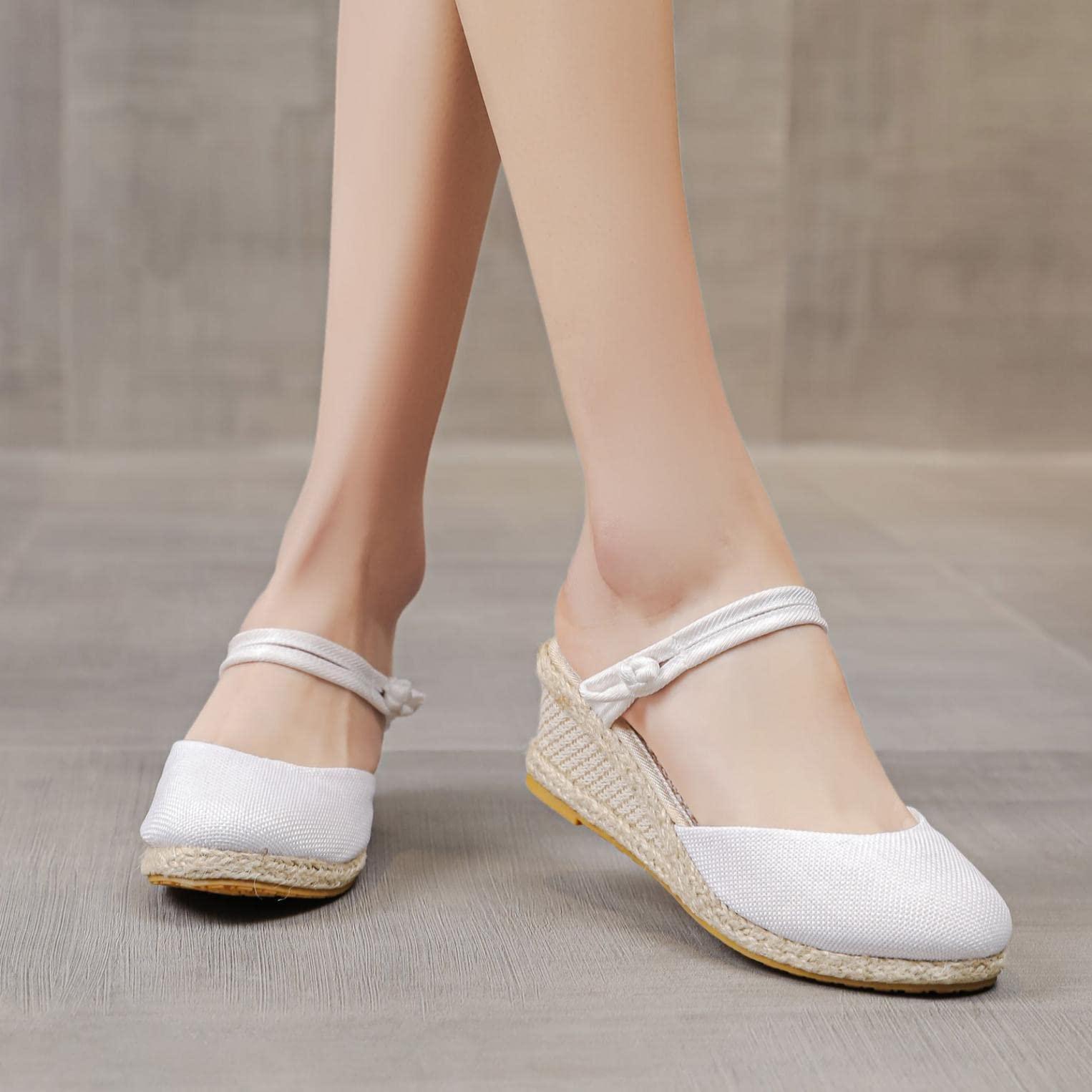Hbeylia Hbeylia Wedge Platform Loafers for Women Ladies Fashion Casual Espadrille Vintage High Heeled Closed Round Toe Sandals Autumn Summer Elastic Cross Ankle Strap Beach Walking Shoes