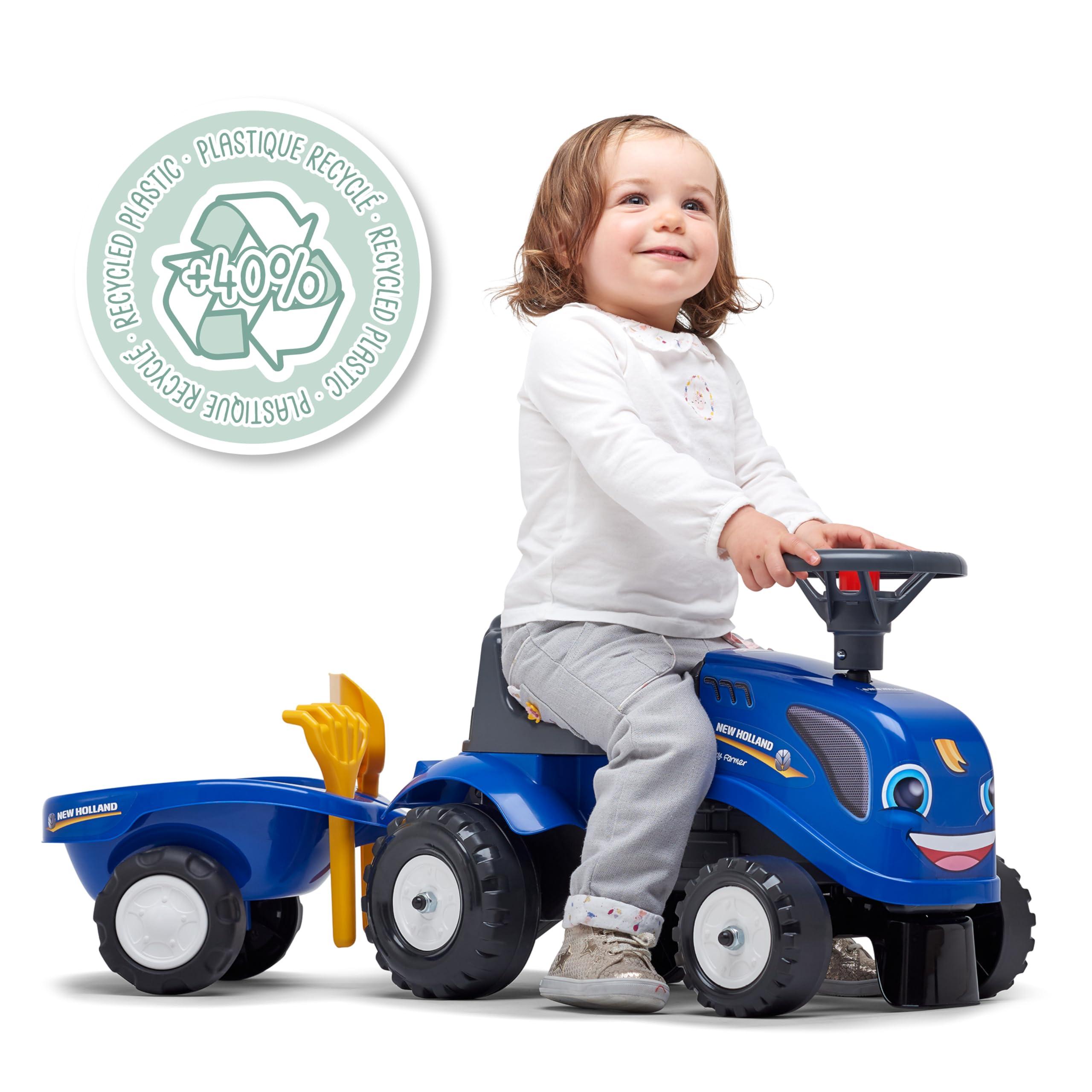 Falk Falk New Holland Tractor with Trailer, Rake and Shovel, 2 Sets of Stickers, Push Ride-On Toy for Toddlers +1 Year FA280C