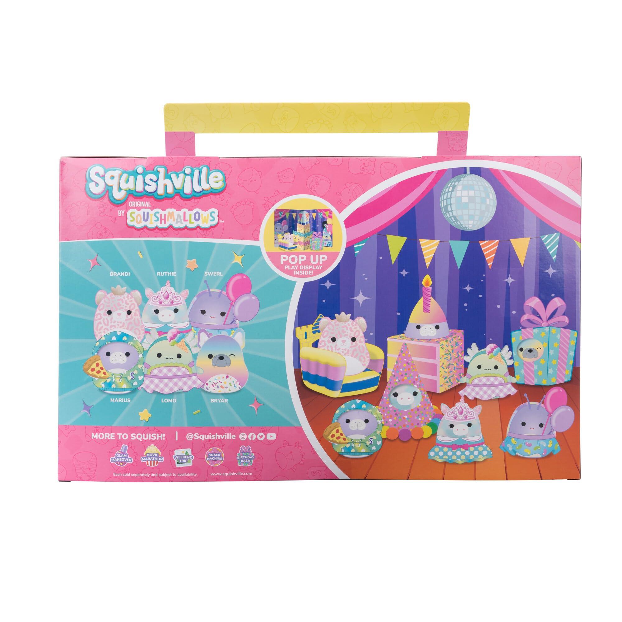 Squishville Squishville by Original Squishmallows Birthday Bash Set - Six Exclusive 2-inch Squishmallows Plush, Four Costumes and Accessories, and a Pop-Up Play Display - Toys for Kids