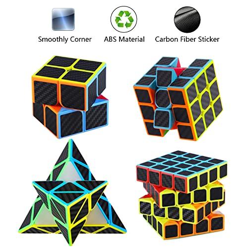 Roxenda Roxenda Speed Cube Set, Speed Cube Bundle of 2x2 3x3 4x4 and Pyramid Cube Smoothly Magic Cubes Collection for Kids Teens & Adults [4 Pack] (Carbon Fiber)