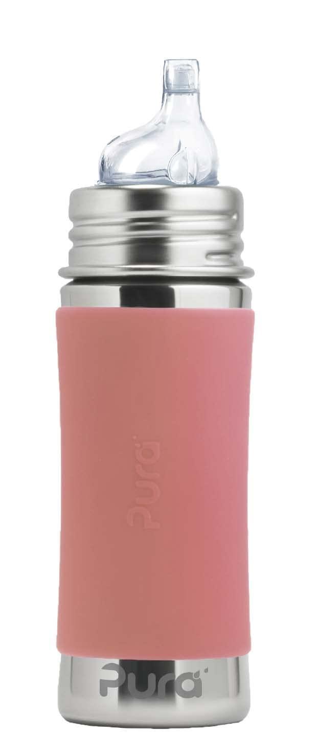 Pura Pura Kiki 11oz/325ml Stainless Steel Sippy Cup Bottle w/Sleeve, Plastic-Free, MadeSafe Certified, Medical-Grade XL Silicone Sipper Spout Fast Flow for Kids, Toddlers, Babies & Infant - Rose Sleeve