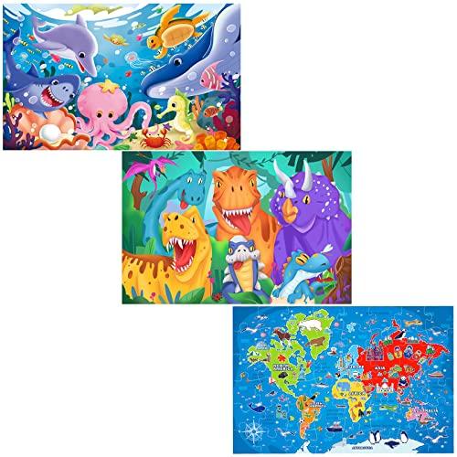 IFLOVE Jumbo Floor Puzzle for Kids World Map Dinosaur Jigsaw Large Puzzles 48 Piece Ages 3-6 for Toddler Children Learning Preschool Educational Intellectual Development Toys 4-8 Years Old