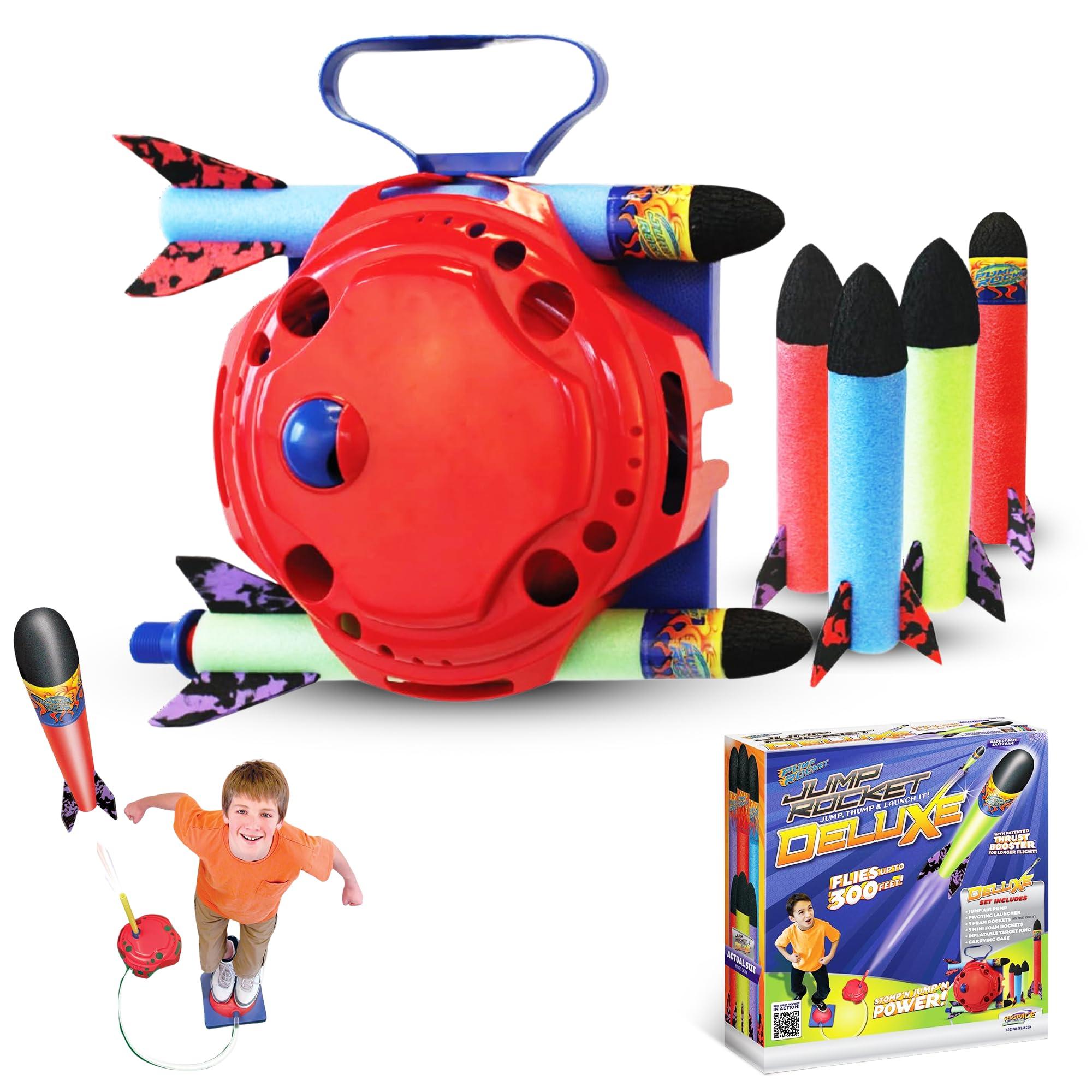 Geospace Geospace Jump Rocket Deluxe Size Set Single Pump 6 Flying Foam Rockets Outdoor Toys for Kids, Boys & Girls Stomper Rocket Set Leg Powered Stomper Rockets Toy - Cool Toys for Fun