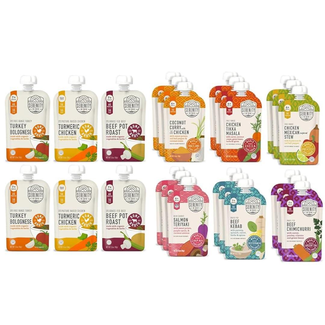 Serenity Kids Serenity Kids 7+ Months Bone Broth and World Explorer Meats Variety Pack Baby Food Bundle | Bone Broth and World Explorer Meat Pouches Variety Pack (42 count)