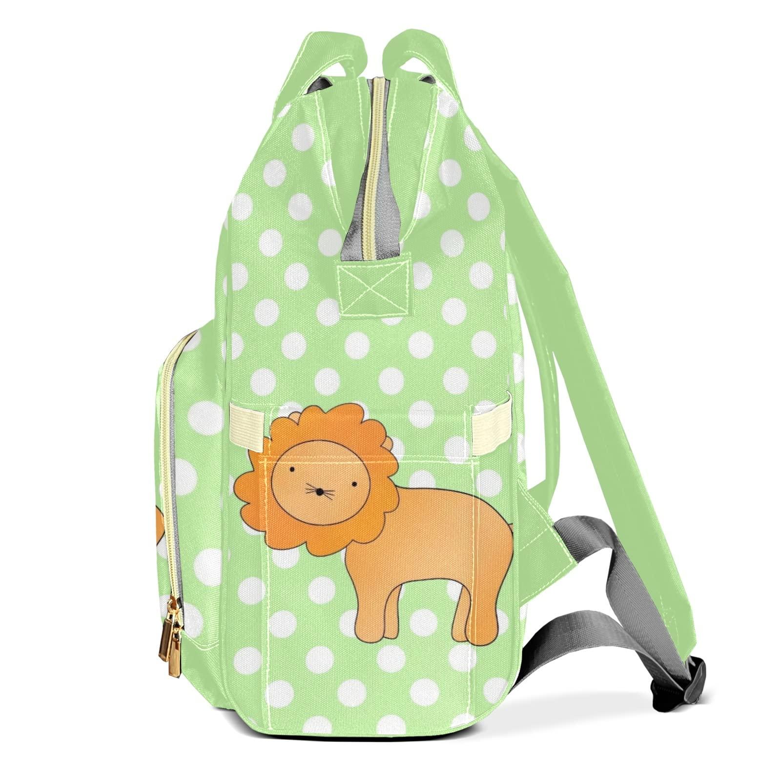 SunFancyCustom Lion Green Polka Dots Diaper Bag Backpack Tote Custom with Name Multifunction Waterproof Travel Back Pack Diaper Bag Gifts Backpack for Men Women
