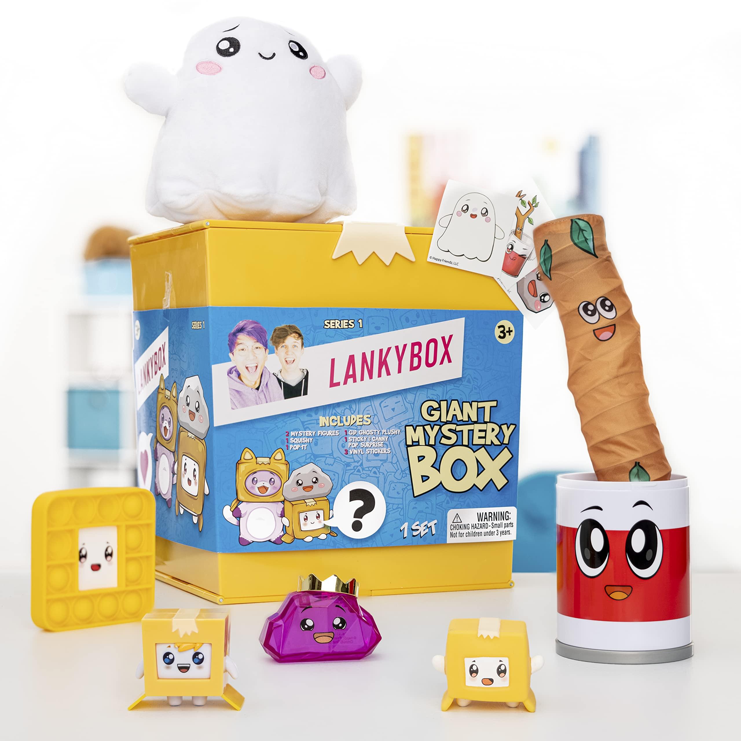 LankyBox LankyBox Giant Mystery Box: Wearable Boxy case, 2 Figures, one 6 Glow-in-The-Dark Plush, a Squishy , pop-it Fidget Toy, Canny with pop-Out Sticky, and 3 Stickers