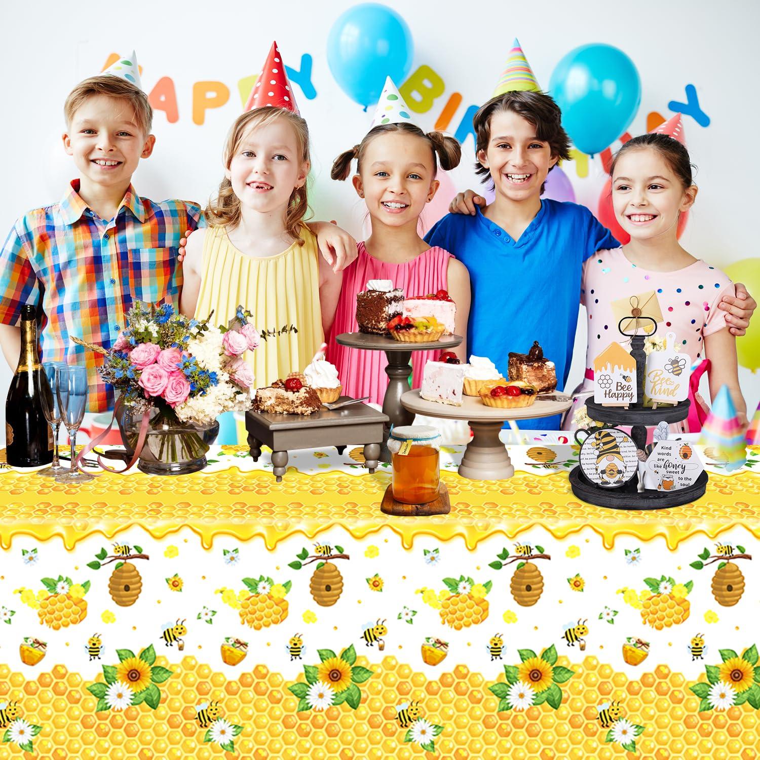 Dvaorc 4 Pack Bee Tablecloth Happy Bee Day Tablecloths Rectangle Honey Bees Bumble Table Cover Bee Theme Party Tablecloth for Bee Baby Shower Bee Birthday Party Decorations 51 x 86 Inch