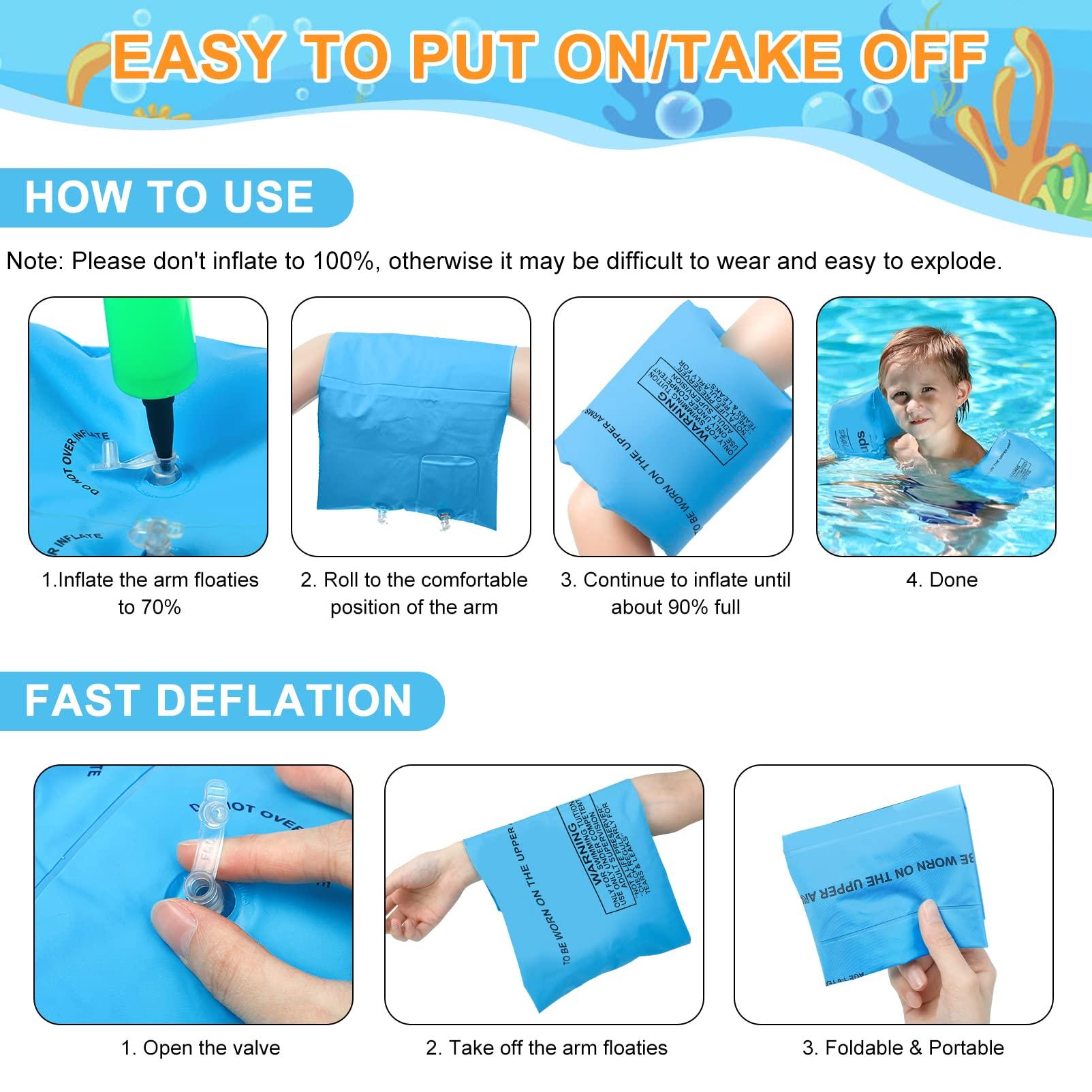 Korlon Tec Arm Floaties for Kids 6-12yrs, PVC Arm Floaties Inflatable Swim Arm Bands Floater Sleeves Swimming Rings and Swimming Goggles Kids Floaties for Pool 6 Pack (Blue)