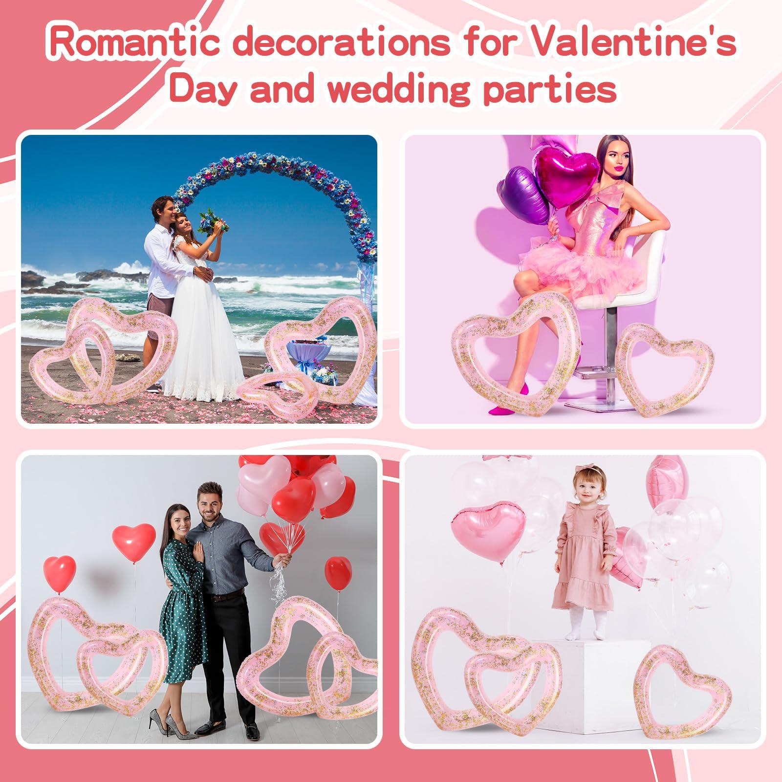 Lenwen Lenwen 6 Pcs Heart Pool Float, 43\"/31\" Inflatable Glitter Heart Floatie Tubes Heart Bachelorette Party Prop Heart Summer Swimming Ring for Wedding Betrothal Party Decor(Light Pink)