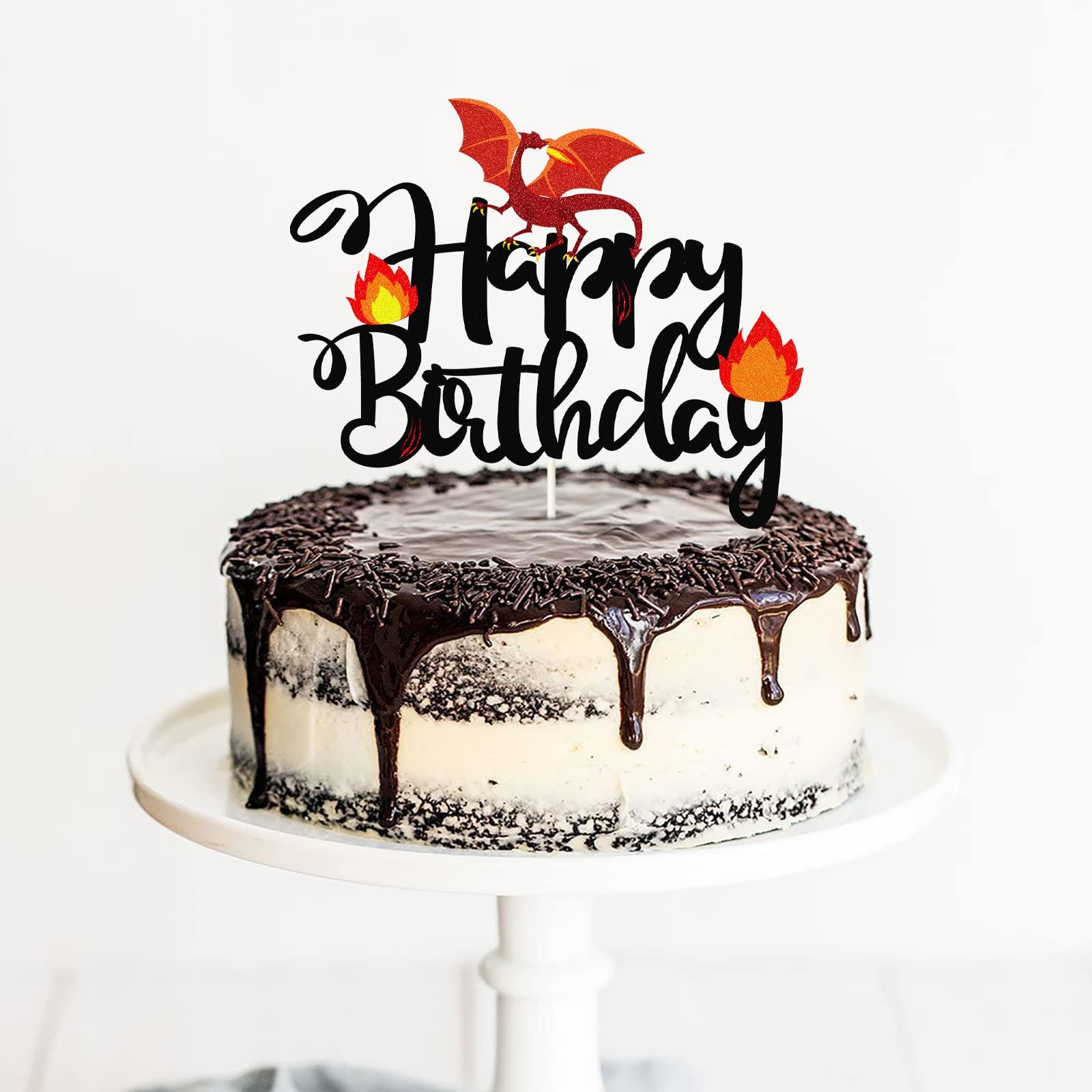 LECAKTO Black Glitter Dragon Happy Birthday Cake Topper,Dragon Knight Theme Birthday Party Cake Decor For Kids Boy Or Girl,Happy Birthday Party Decorations Supplies