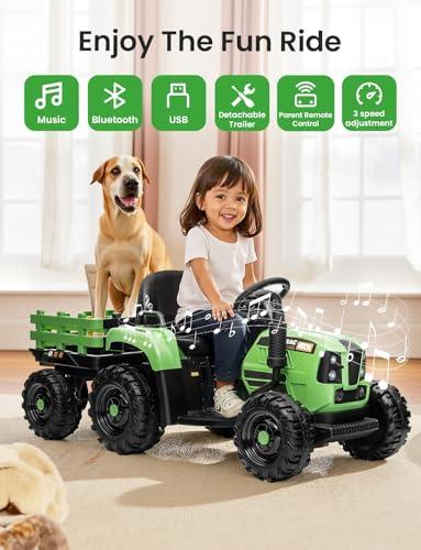 Feetice Tractor Toys, Ride on Tractor with Trailer, 24V 400W Powered Electric Tractor Remote Control, Music Bluetooth and USB Support, Electric Car for Kids, 3 Speed Adjustable, Two-Point Safety Belt, Green