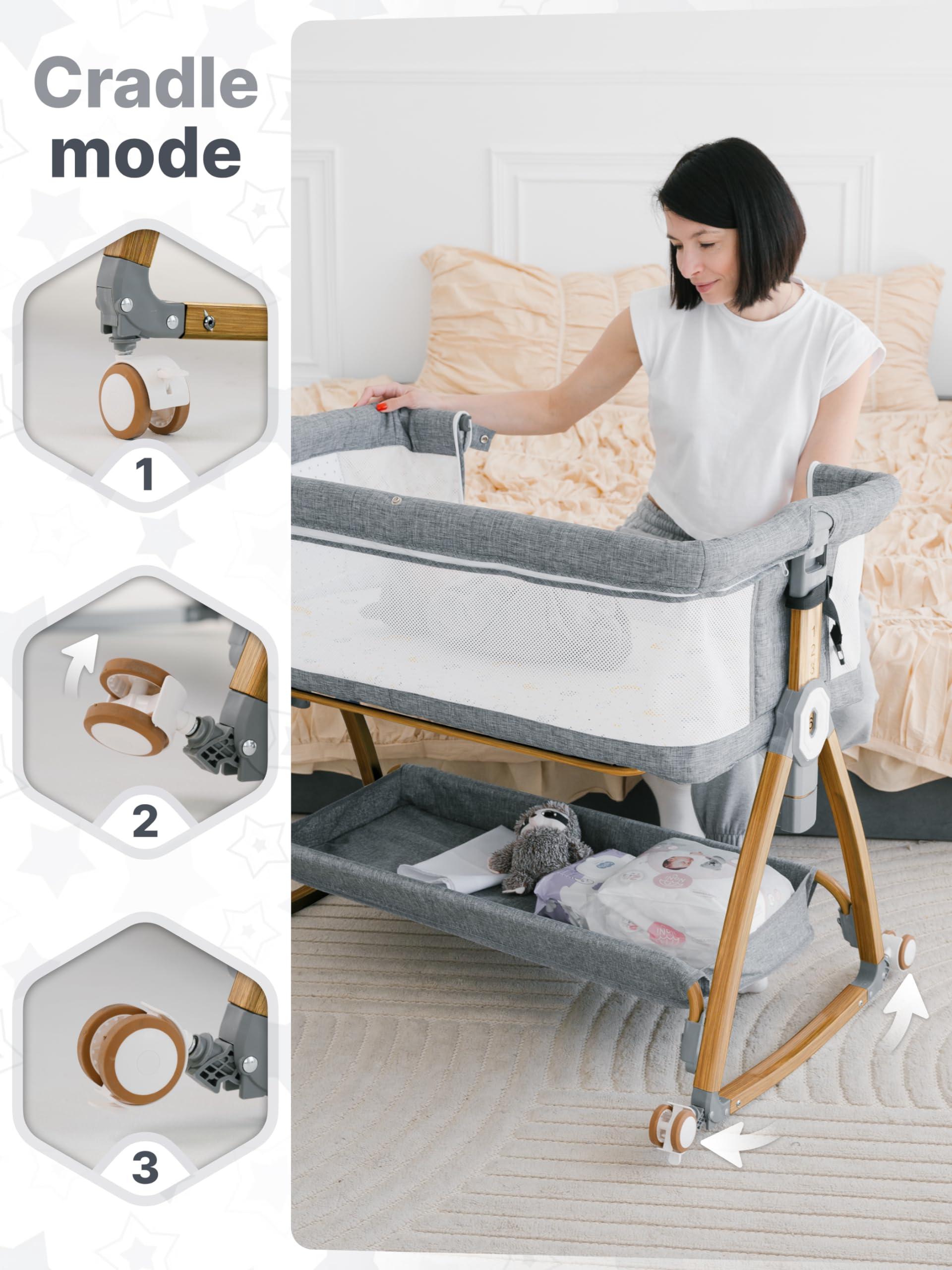 Earth&ME Baby Rocking Bassinet Bedside Sleeper - All Mesh Portable Bedside Crib for Safe Co-Sleeping, Storage Basket and Wheels, Adjustable Height, Includes Travel Bag, Mosquito Net (Wood Grain, Grey)