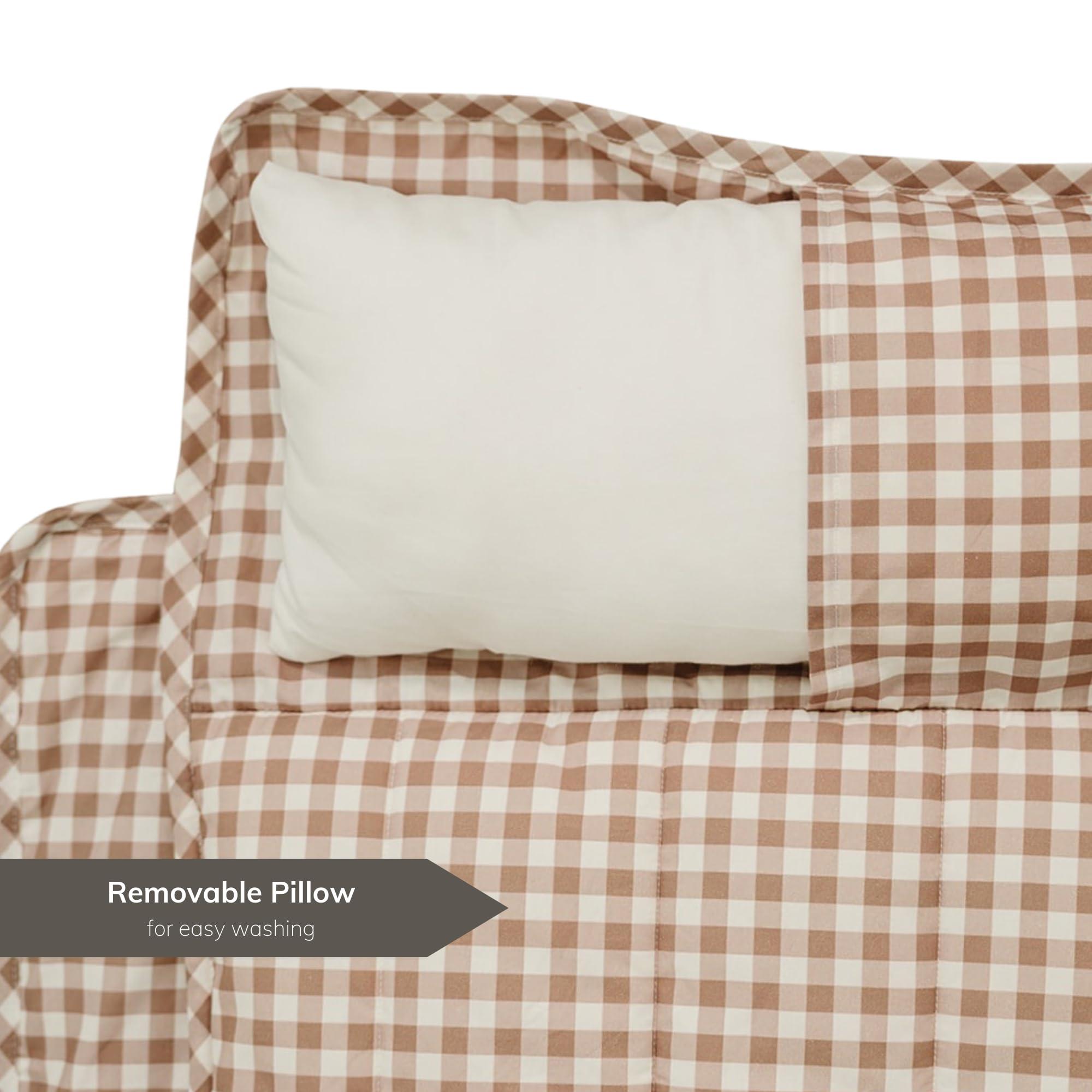 bloomere Organic Toddler Nap Mat - 100% Cotton Fabric Sleeping Mat - Sleeping Bag for Kids - Removable Pillow and Blanket 1.5 Thick Pad - Ideal for Home, Daycare, Preschool & Sleepovers. (Brown Gingham)