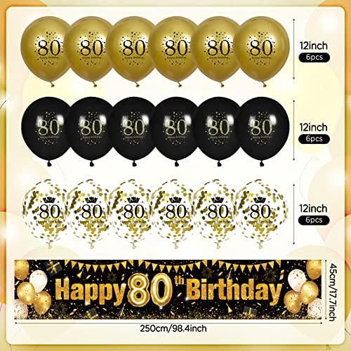 RUMIA 80th Birthday Decorations for Men Women Black and Gold, Black Gold Birthday Yard Banner Sign and 18 PCS 80th Happy Birthday Balloons for 80th Anniversary Birthday Party Supplies Outdoor Yard Decor