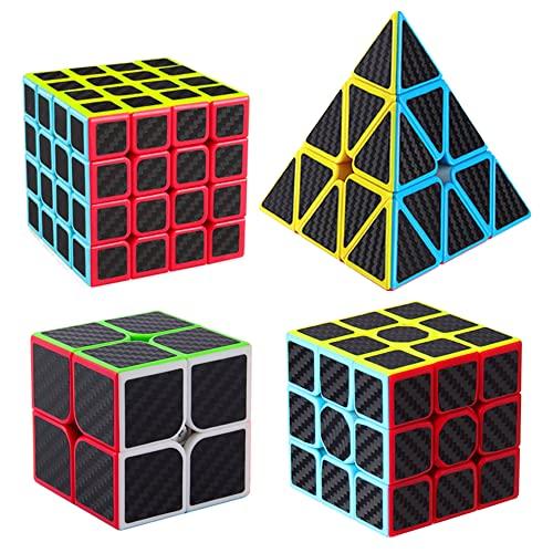 Roxenda Roxenda Speed Cube Set, Speed Cube Bundle of 2x2 3x3 4x4 and Pyramid Cube Smoothly Magic Cubes Collection for Kids Teens & Adults [4 Pack] (Carbon Fiber)