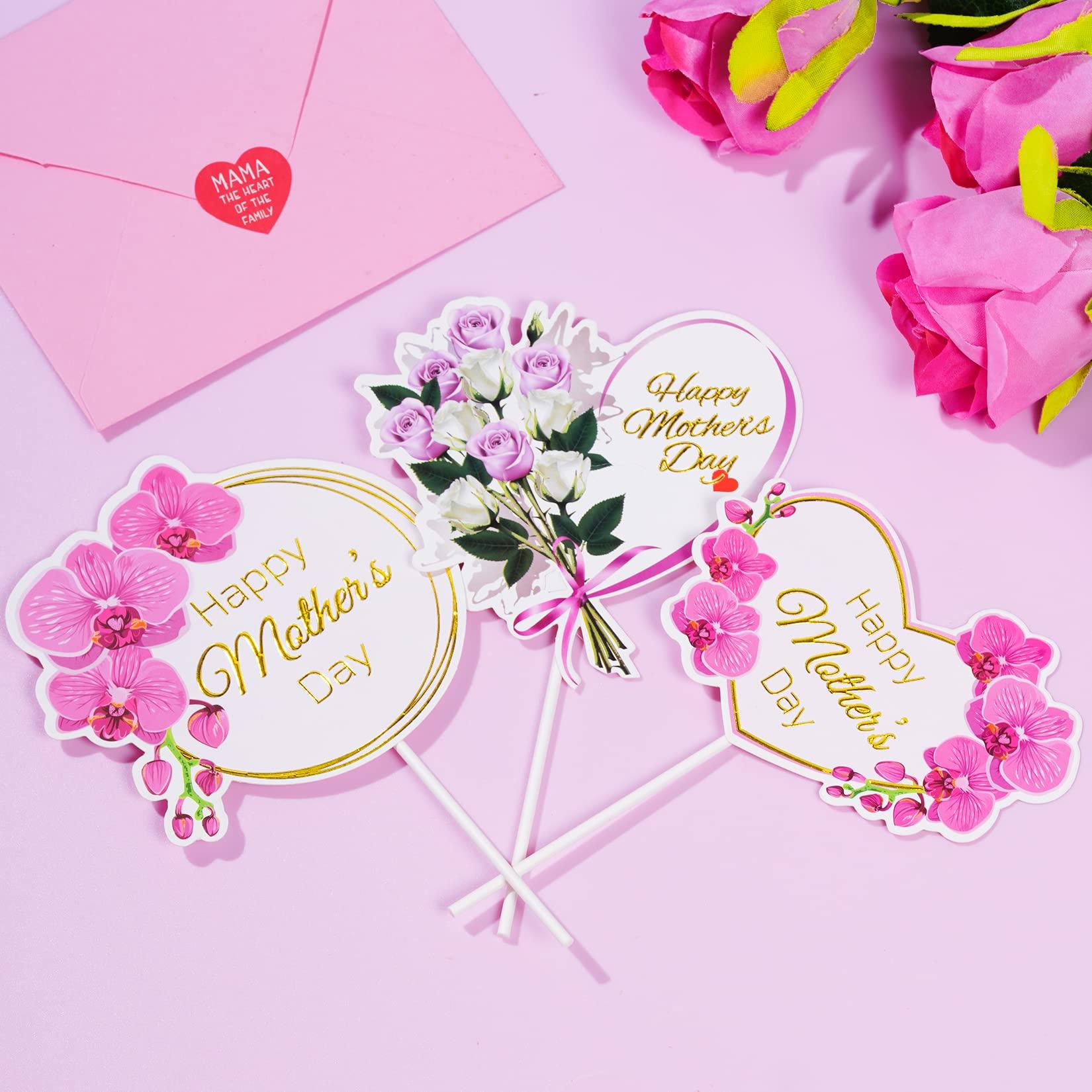 SUMERSHA SUMERSHA 12 Pieces Happy Mother's Day Cake Toppers Flower Cupcake Topper for Mother's Day Birthday Cake Decoration Party Supplies, 3 Styles
