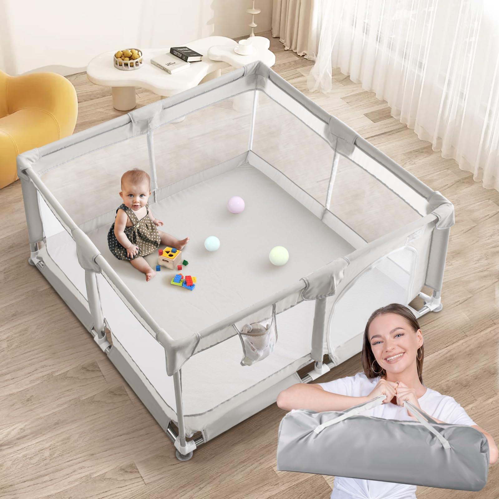 Beavtaens Baby Playpen, 50x50 Inch Playpens for Babies and Toddlers, Play Pen with Carrying Bag, Play Yard for Indoor and Outdoor with Visible Mesh(Light Gray)