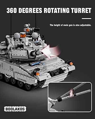 BOOLAKOS BOOLAKOS Leopard II A7 Main Battle Tank Building Block, Military Tank Building Toy Set to Display, Collectible WW2 Army Tank Model for Adults (1,498 Pieces)