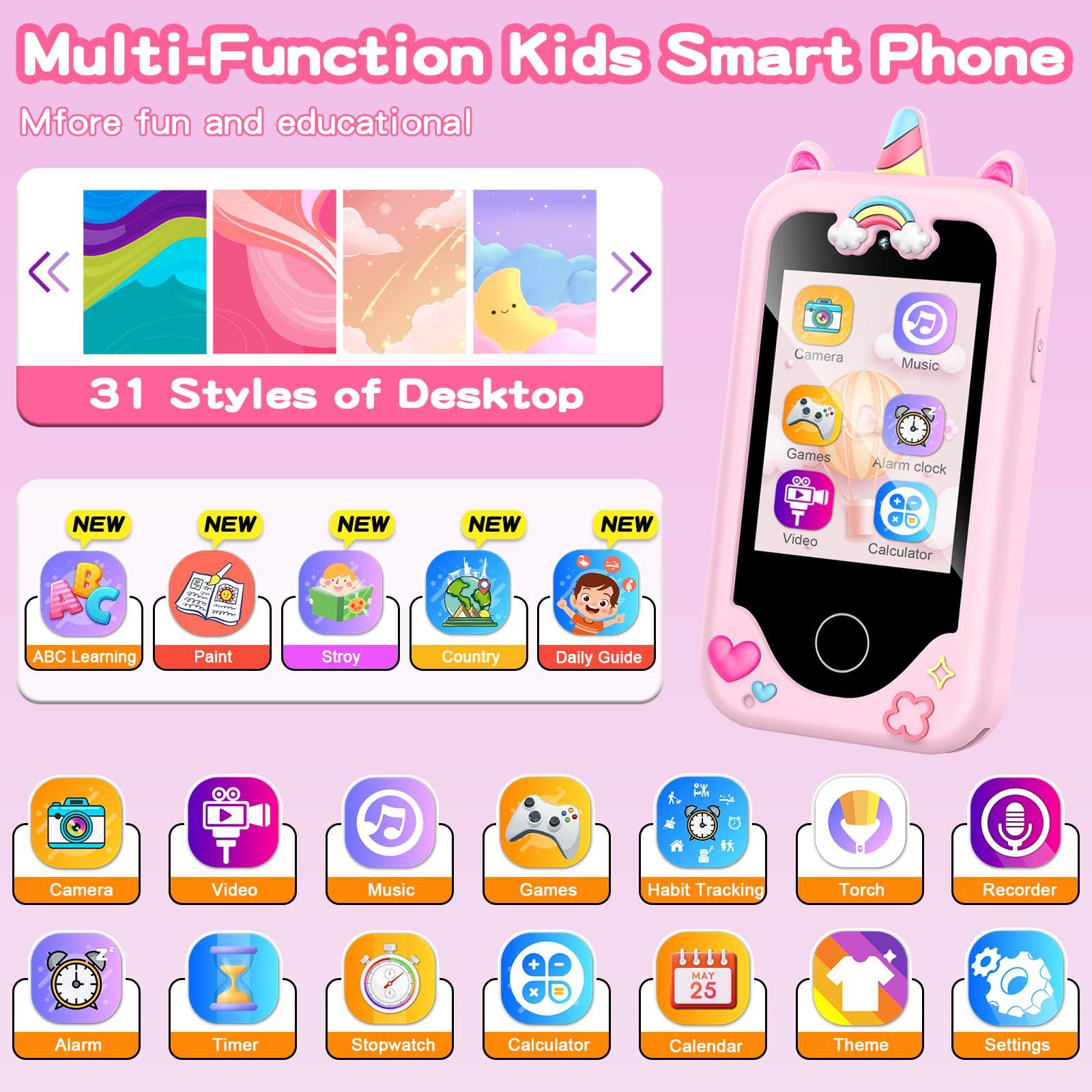 ASIUR ASIUR Kids Smart Phone for Girls Toddler Birthday for Boys 3 4 5 6 7 8 Years Old Pretend Play Working Cell Smartphone Learning Toys with Educational Games, MP3 Music Player(Pink)