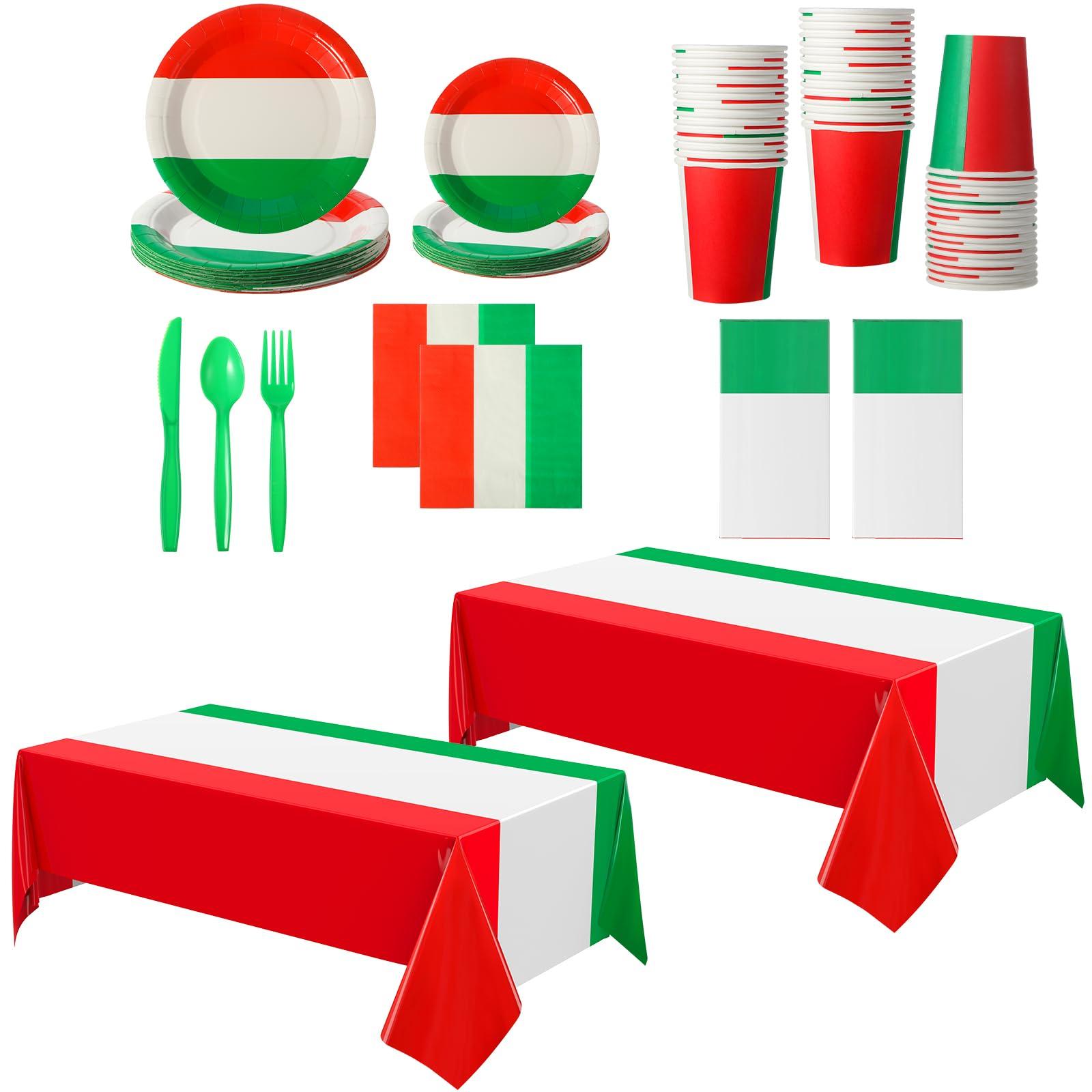 Oudain Oudain 162Pcs Italian Dinner Party Decorations 2 Italian Flag Rectangular Tablecloth Mexican Flag Decorations Italian Themed Tableware Red White and Green Party Decorations Italian Dinner Plates Set