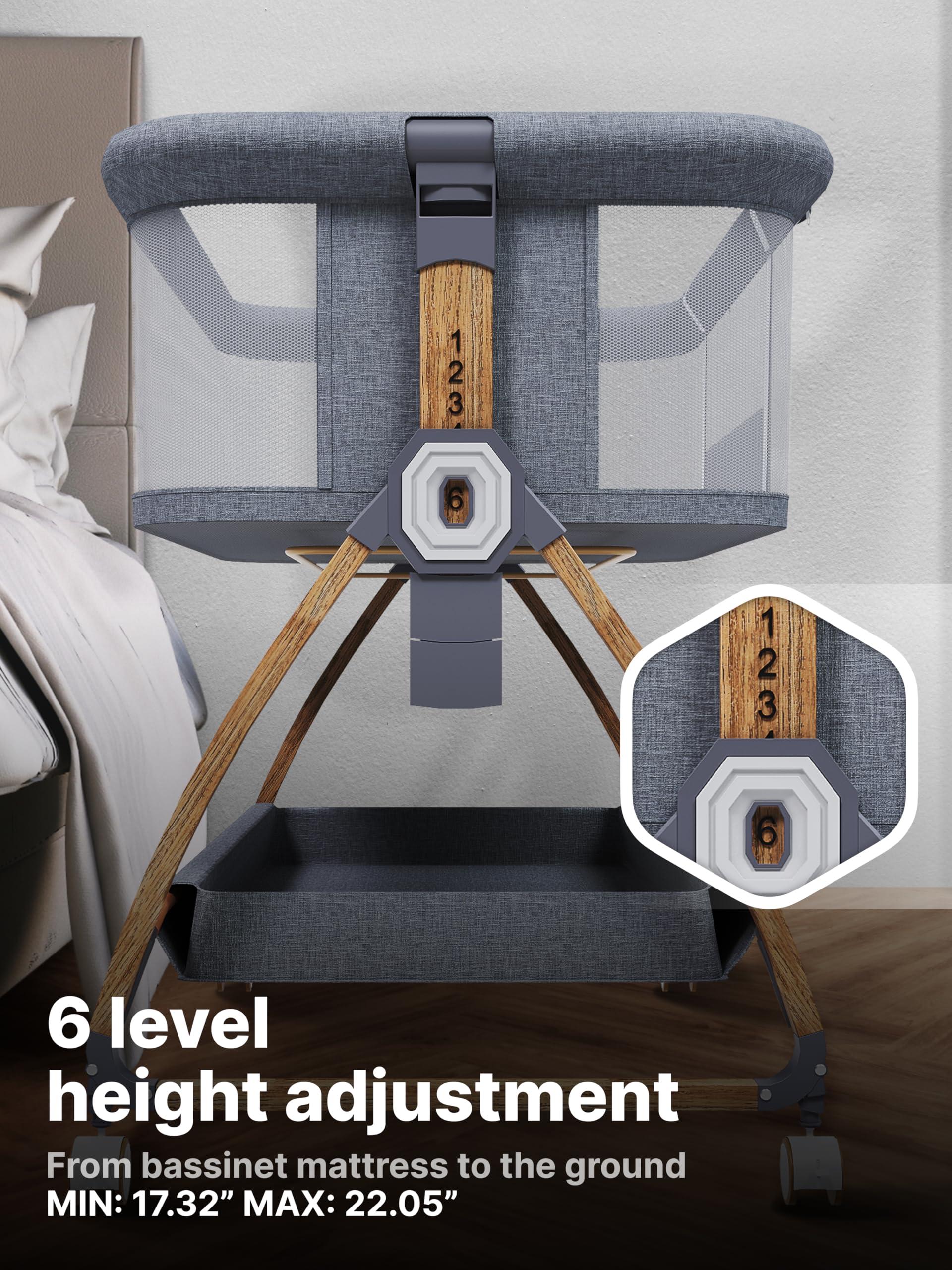Earth&ME Baby Rocking Bassinet Bedside Sleeper - All Mesh Portable Bedside Crib for Safe Co-Sleeping, Storage Basket and Wheels, Adjustable Height, Includes Travel Bag, Mosquito Net (Wood Grain, Grey)