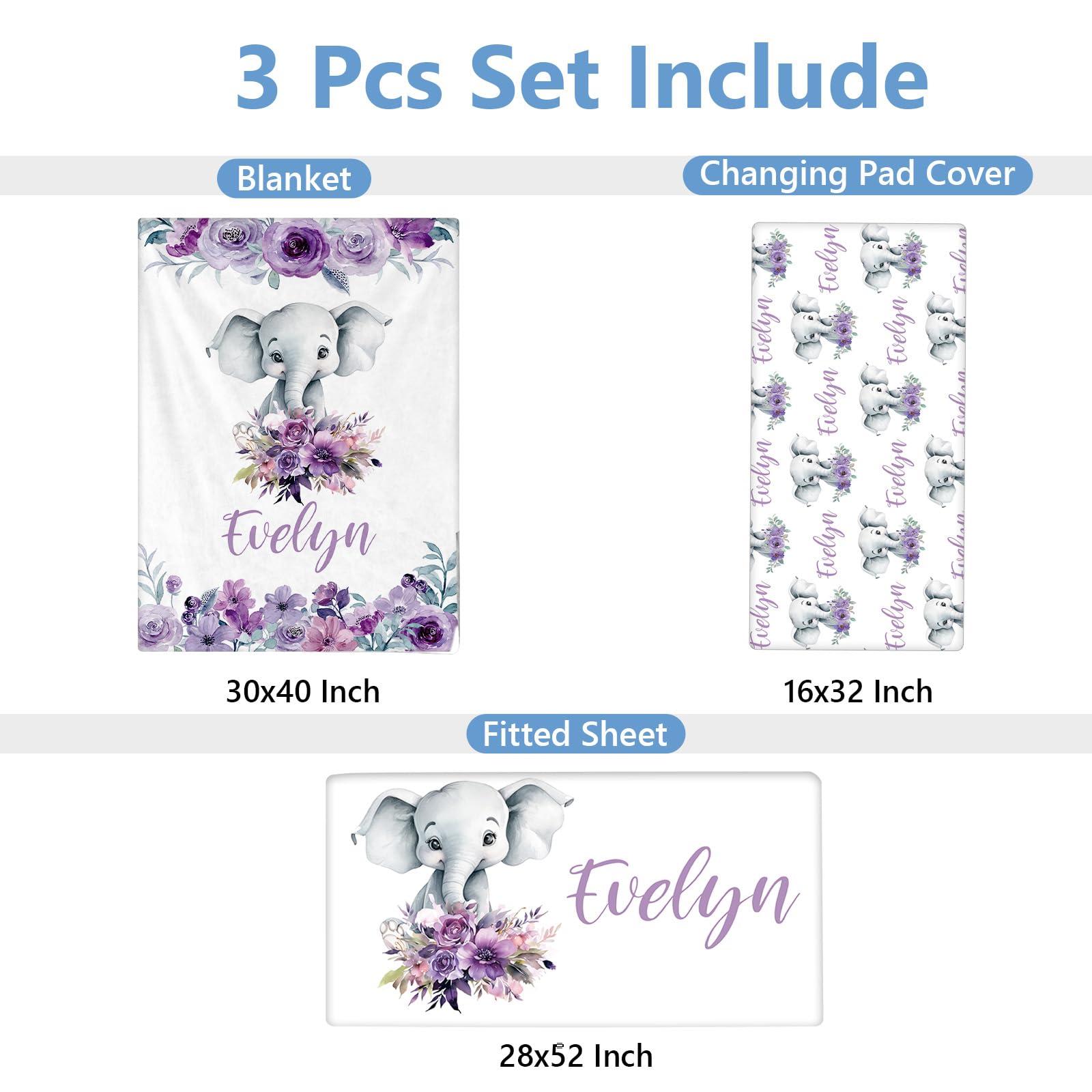 KAINSY KAINSY Custom Baby Crib Bedding Set, 3 Pcs Personalized Baby Crib Sets with Name, Purple Elephants Bedding Set, Baby Bedding Crib Sets for Baby Girls, Customized Gifts for Toddlers Kids Infants
