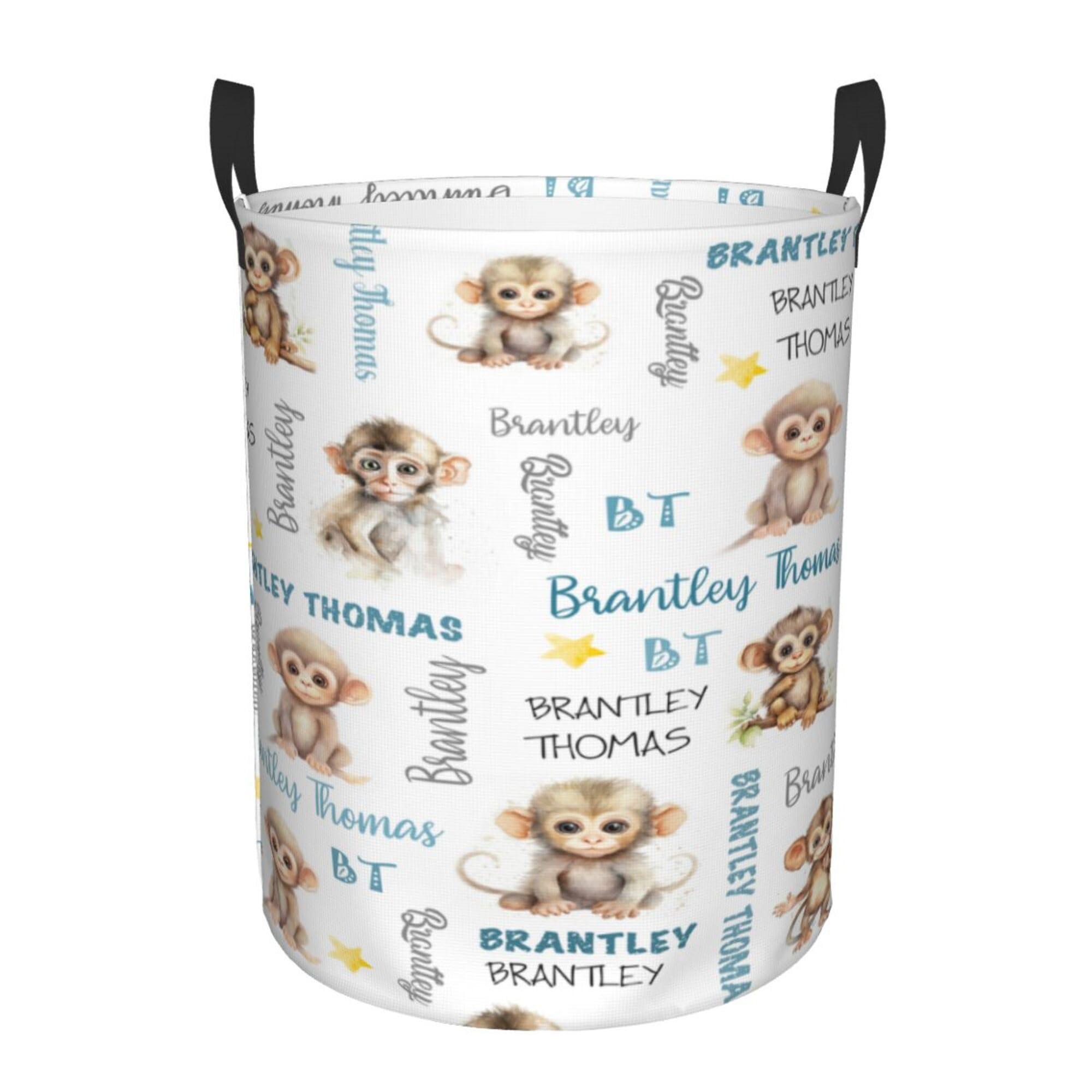 Novusopt Monkey Nursery Decor Name Baby Hampers Personalized Baby Bin Clothes Hamper Custom Laundry Basket Hamper Kids Organizers Collapsible Hamper for Boy Girl Baby Gift Baskets