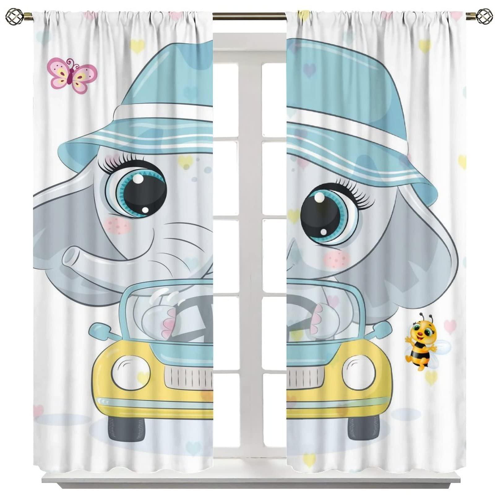 Denruny Cartoon Cute Elephant Curtain Nursery Baby Elephant with Hat Driving Windows Drapes for Nursery Room Kids Room Gifts for Boys and Girls Rod Pocket 2 Panels 21W x 54L