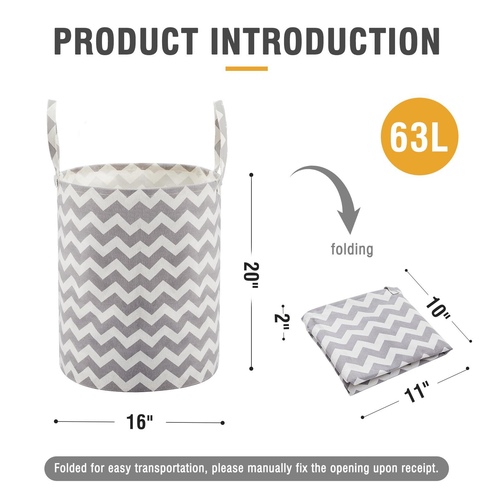 TECHMILLY TECHMILLY Baby Laundry Basket with Long Handles, 63L Collapsible Kids Laundry Hamper, Toy Storage Basket for Nursery, Bedroom Decor for Girls and Boys (Grey Chevron)