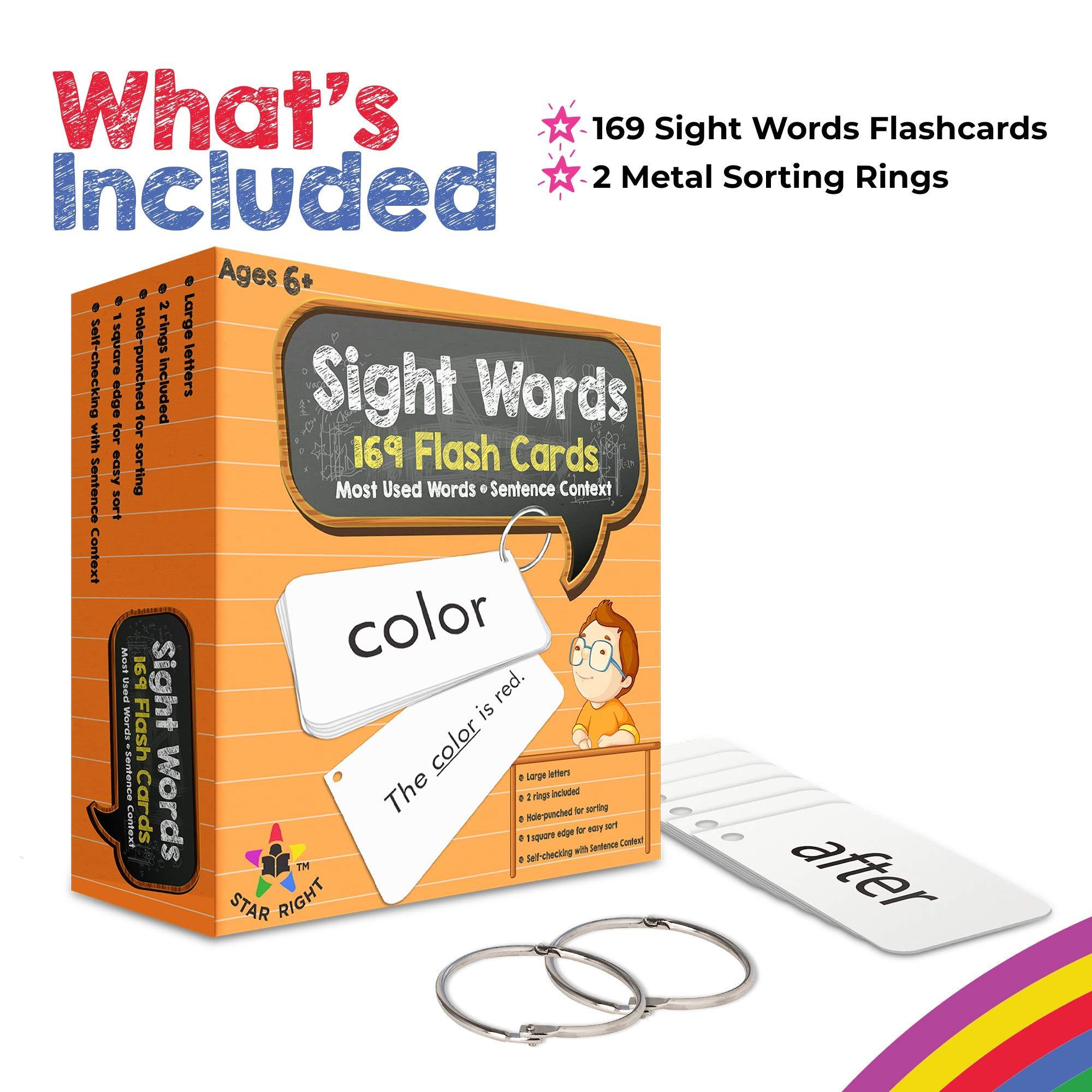 Star Right Star Right Education Sight Words Flash Cards, 169 Sight Words and Sentences with 2 Rings