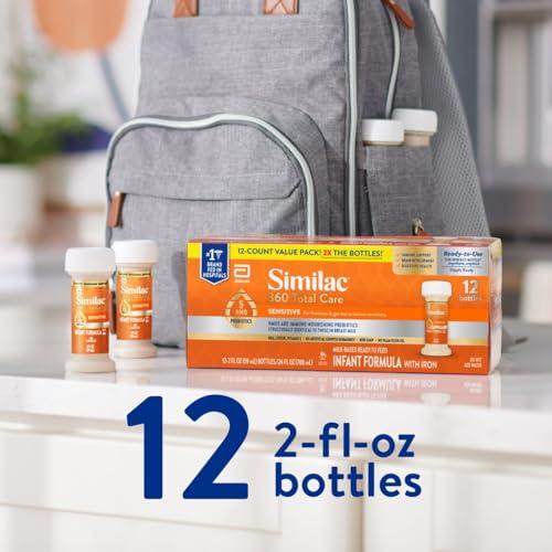 Similac Similac 360 Total Care Sensitive Infant Formula for Fussiness & Gas Due to Lactose Sensitivity, Has 5 HMO Prebiotics, Non-GMO, Baby Formula, Ready to Feed, 2-fl-oz Bottle, Pack of 12