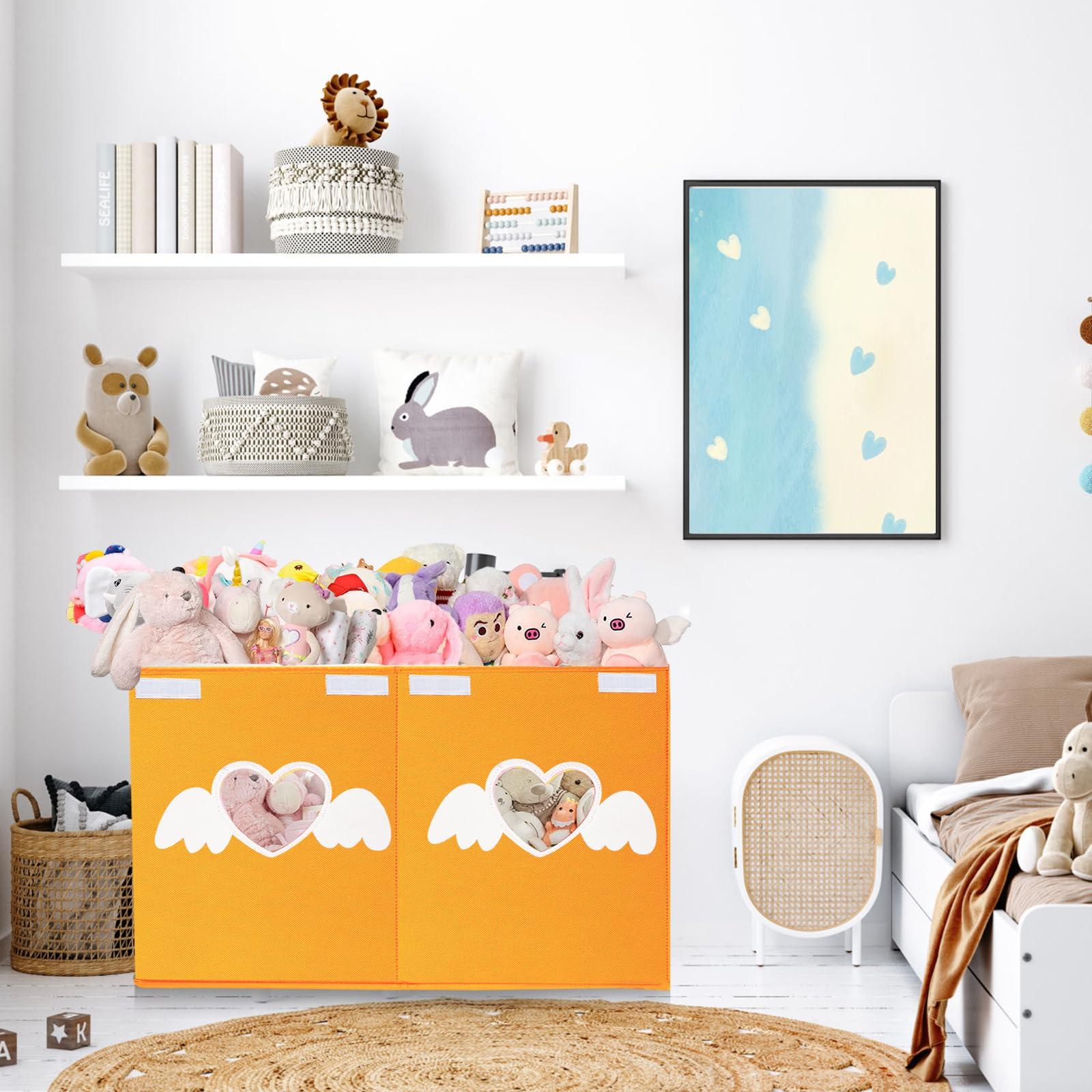 Xmasorme Large Toy Box Chest,Collapsible Sturdy Storage Bins with Lids,Large Kids Toy Storage Organizer Boxes Baskets for Kids,Boys,Girls,Toddler,Nursery Room,Playroom(Orange Heart)