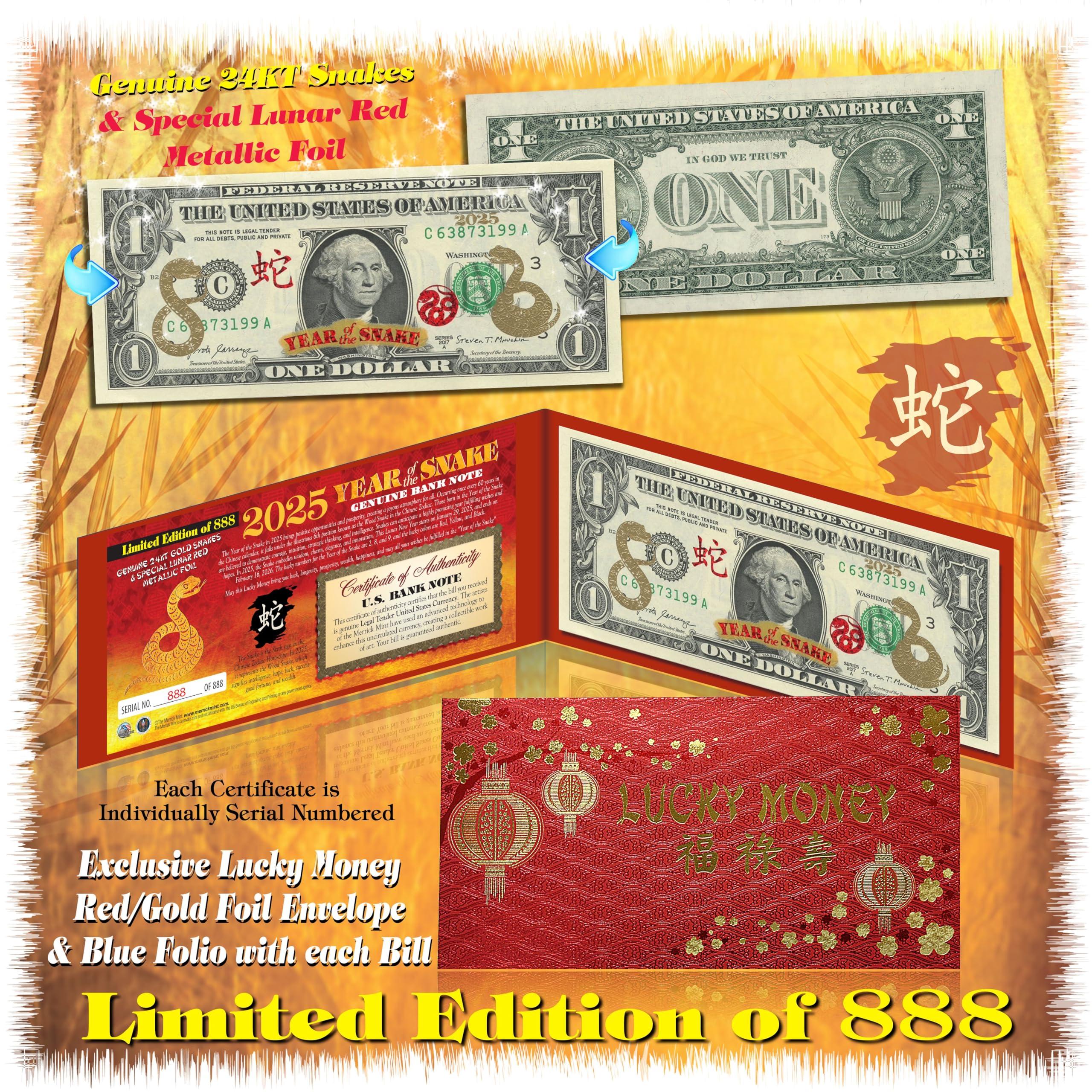 Merrick Mint Gold Leaf 2025 Chinese Lunar New Year Year of The Snake Genuine One-Dollar Federal Reserve Note Collectible Limited Edition of 888
