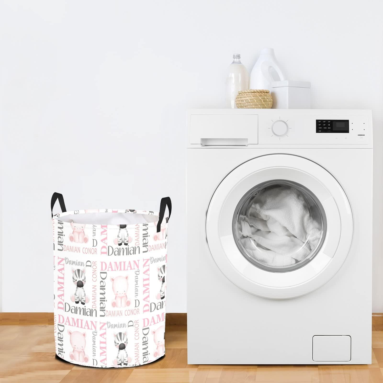 Deven Personalized Laundry Basket Hamper,Hippo Zebra Name Text,Collapsible Storage Baskets with Handles for Kids Room,Clothes, Nursery Decor