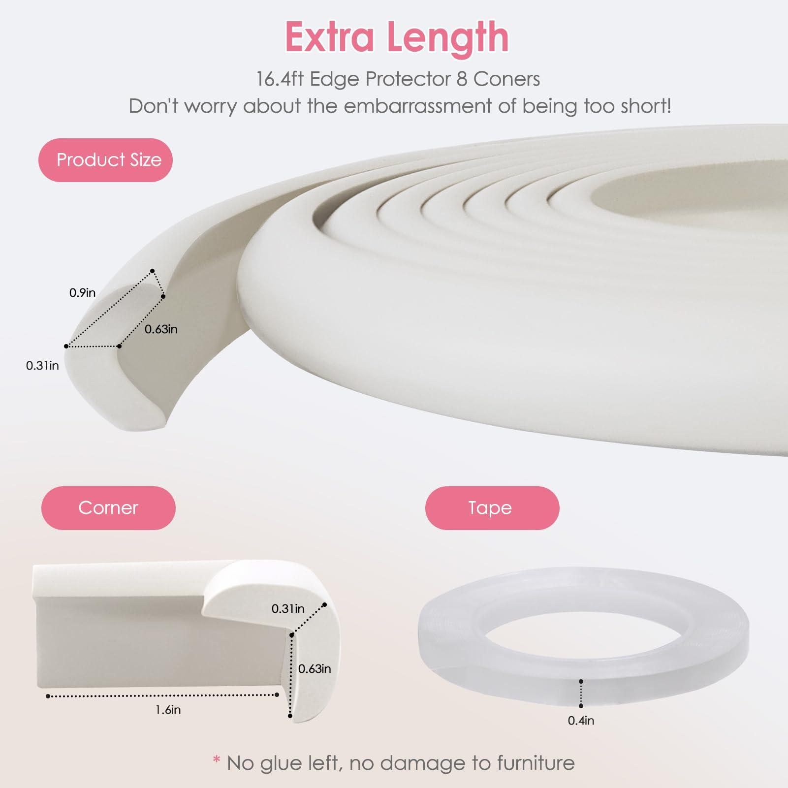 kert Baby Proof Corners and Edges, (Large 16.5FT Edge +8 Corners) Baby Proofing Corner Guards, Soft Rubber Foam Edge Protector, Furniture Tables Bumper Guard for Baby Safety, White