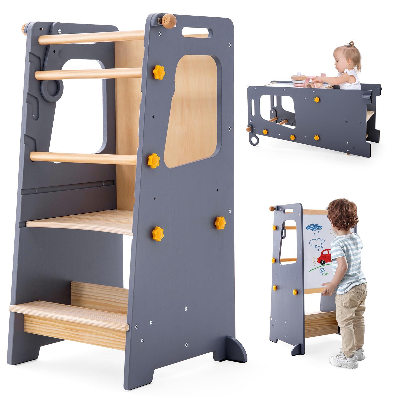Aokkto Aokkto 4 in 1 Toddler Kitchen Tower, Kids Kitchen Stool Helper, Standing Tower with Convertible Table and Chair, Toddler Step Stool with Adjustable-Height,Whiteboard and Safety Rail for Kitchen, Gray