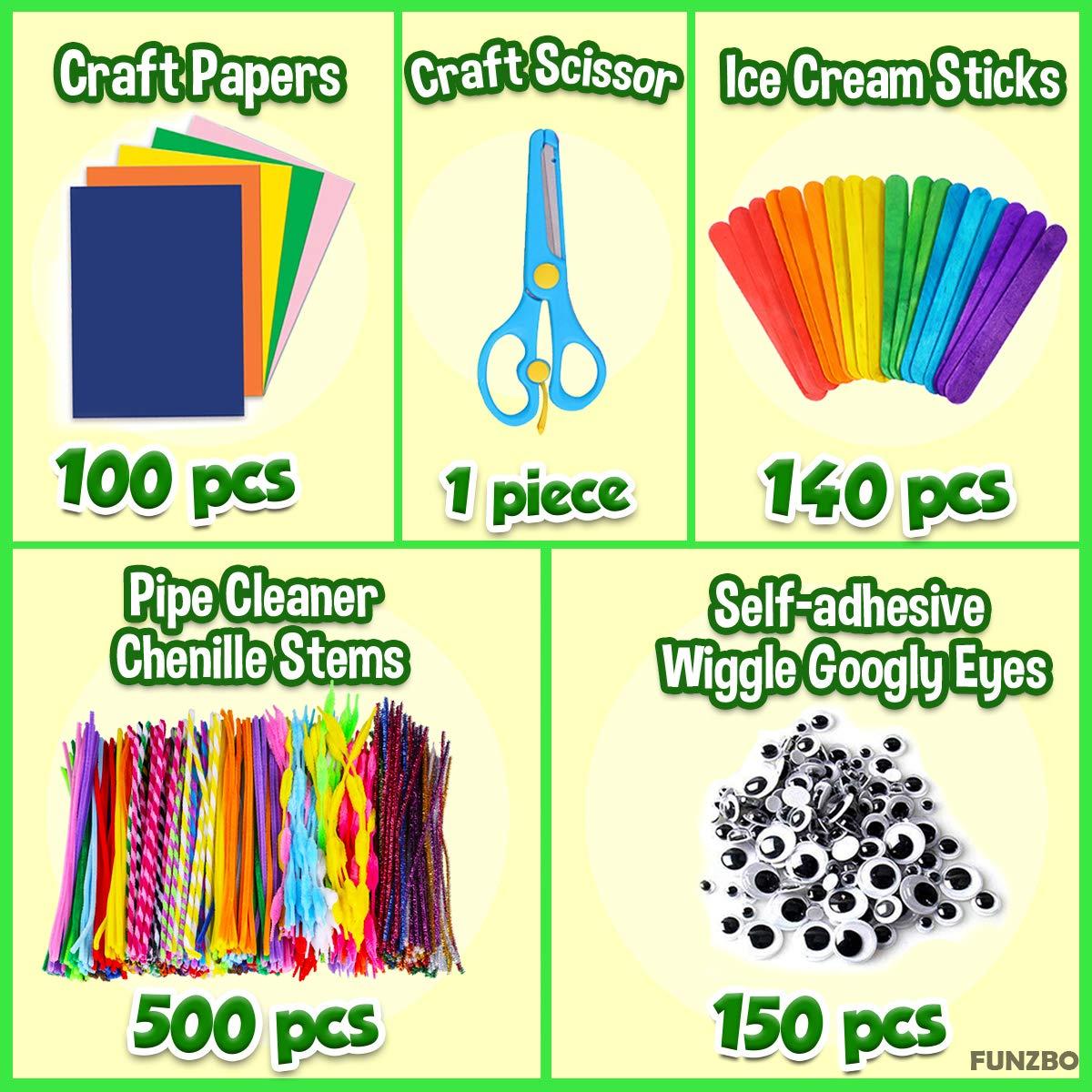 FUNZBO FUNZBO Arts and Crafts Supplies for Kids - Craft Kits with Pipe Cleaners, Popsicle Stickers, Construction Paper, Pom Poms & Googly Eyes, All in One Homeschool Supplies, Gifts for Girls & Boys Age 4+